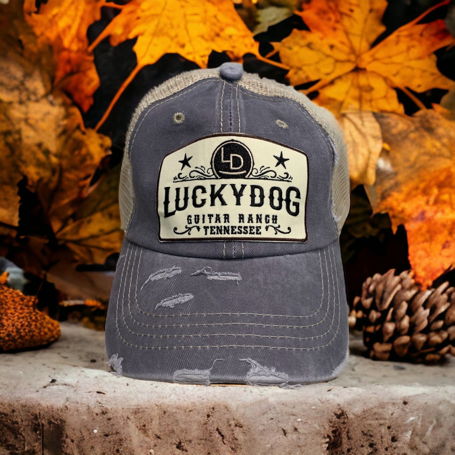 Lucky Dog Guitars distressed low profile Trucker Mesh Ball Cap Hat w/ soft, gray crown/gray bill and beige mesh back. Slide buckle