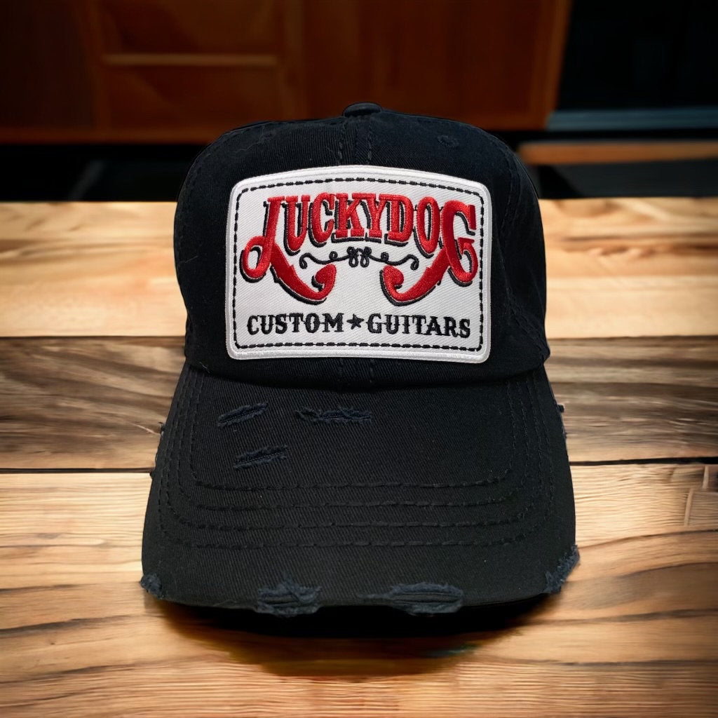 Lucky Dog Guitars distressed low profile Trucker Mesh Ball Cap Hat w/ soft, blackncrown /non-mesh back. Slide buckle