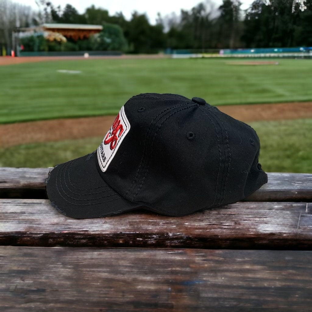 Lucky Dog Guitars distressed low profile Trucker Mesh Ball Cap Hat w/ soft, blackncrown /non-mesh back. Slide buckle
