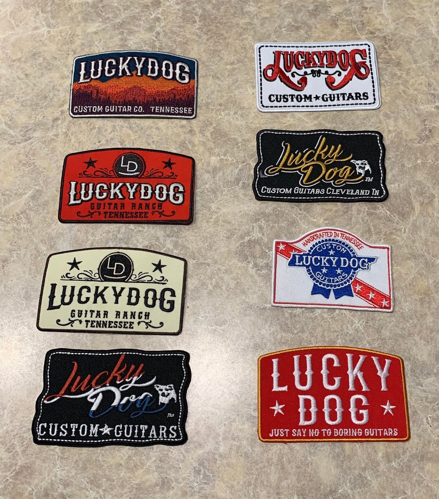 Lucky Dog Guitars distressed low profile Trucker Mesh Ball Cap Hat w/ soft, blackncrown /non-mesh back. Slide buckle