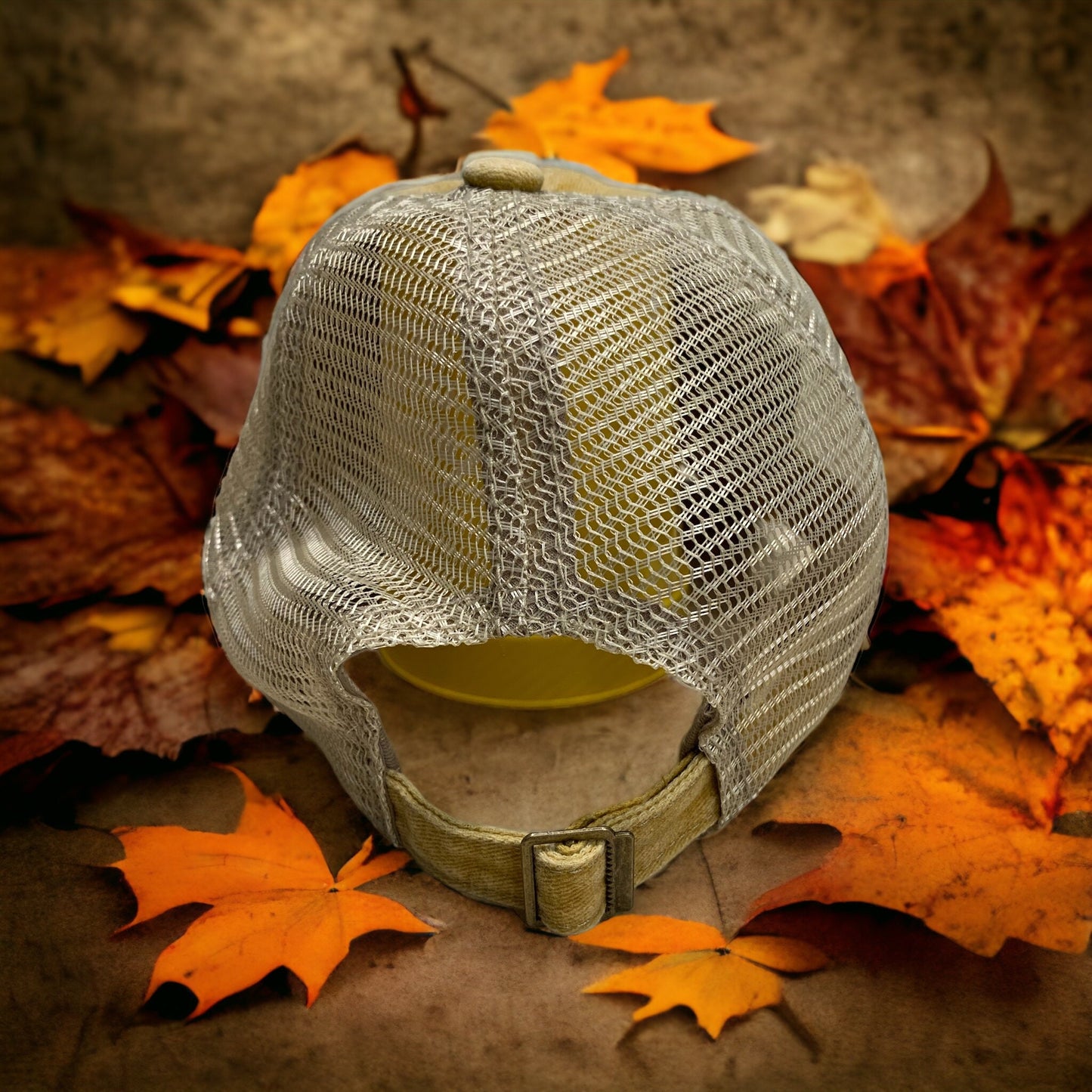 Lucky Dog Guitars distressed low profile Trucker Mesh Ball Cap Hat w/ soft, gold crown/gold bill and beige mesh back. Slide buckle
