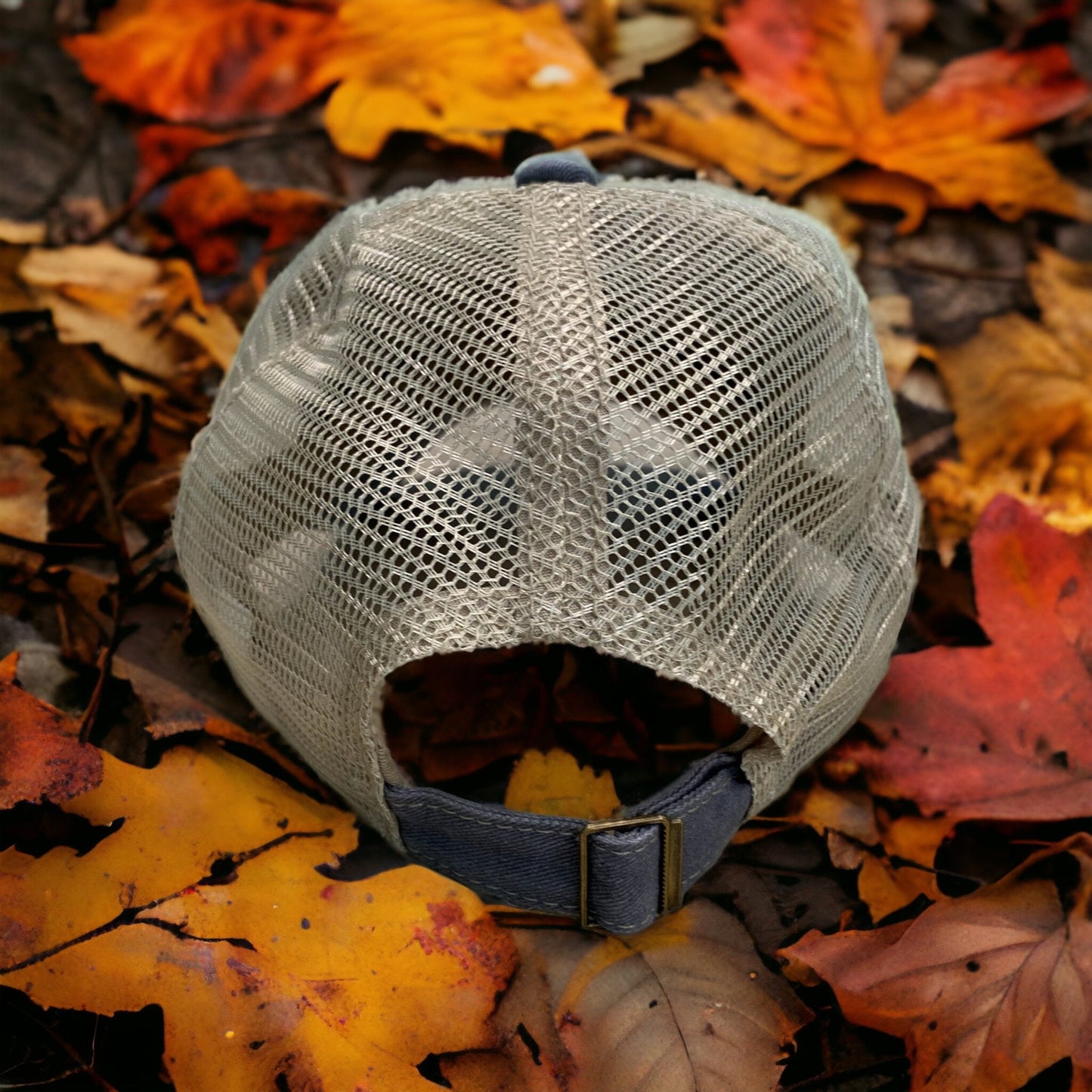Lucky Dog Guitars distressed low profile Trucker Mesh Ball Cap Hat w/ soft, gray crown/gray bill and beige mesh back. Slide buckle