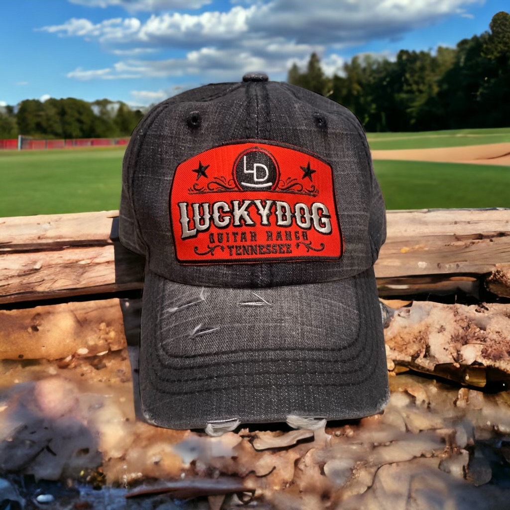 Lucky Dog Guitars distressed low profile Trucker Mesh Ball Cap Hat w/ soft, dark denim crown /non-mesh back. Slide buckle
