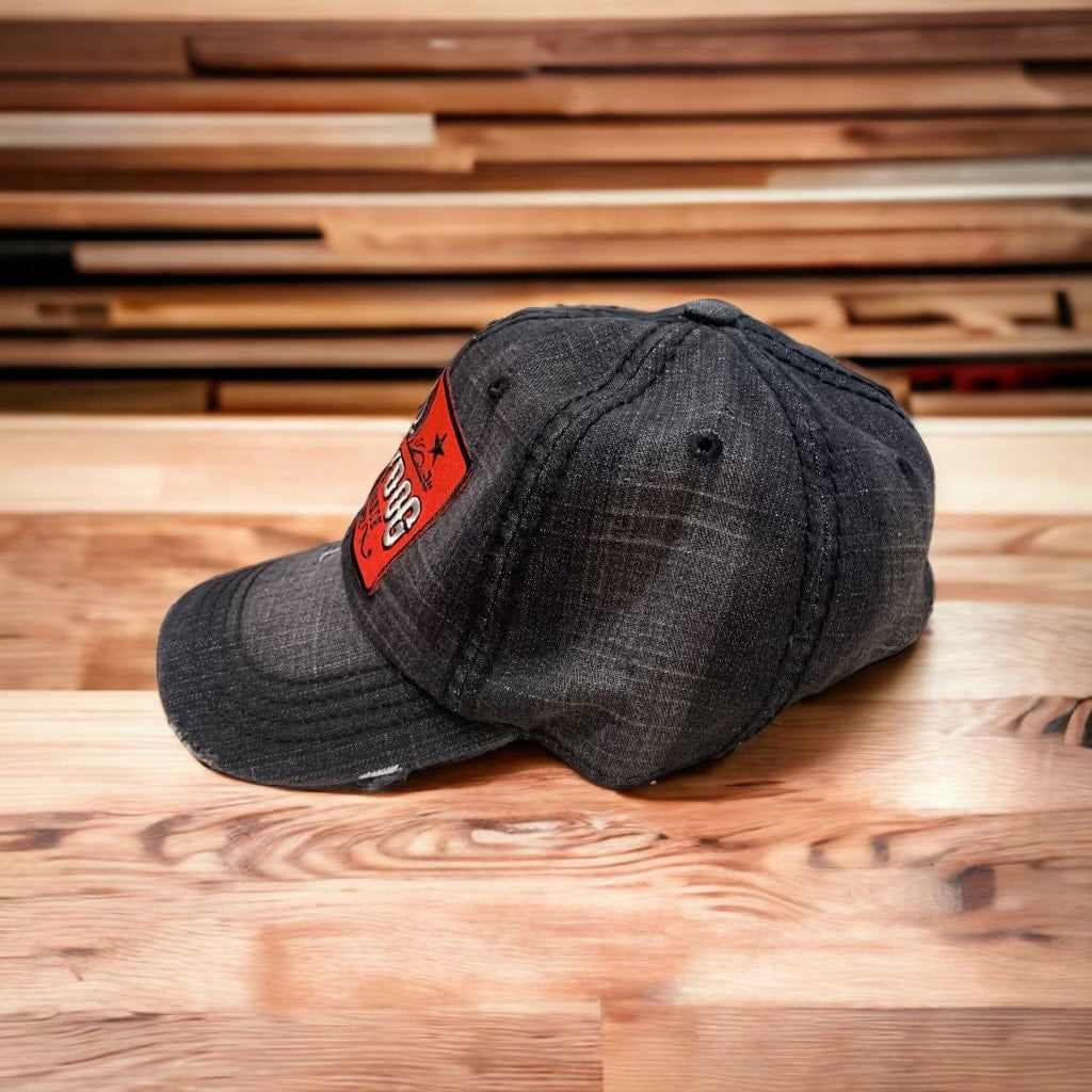 Lucky Dog Guitars distressed low profile Trucker Mesh Ball Cap Hat w/ soft, dark denim crown /non-mesh back. Slide buckle