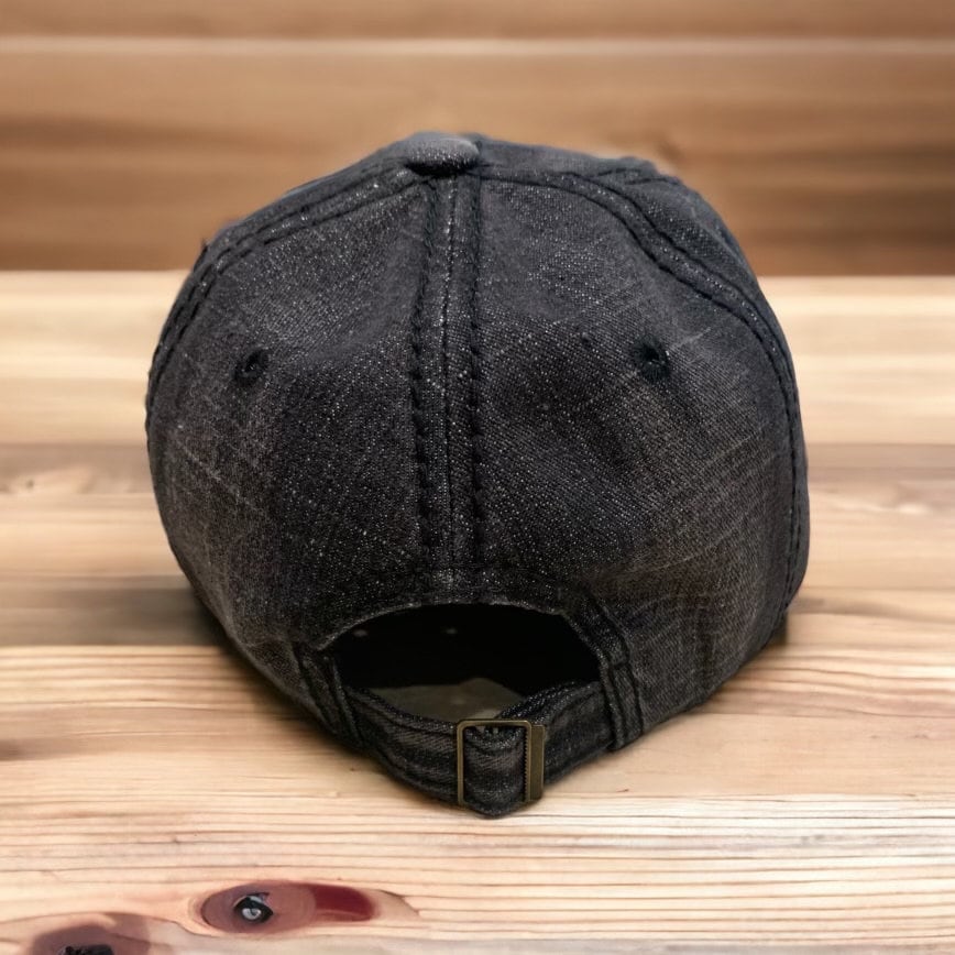 Lucky Dog Guitars distressed low profile Trucker Mesh Ball Cap Hat w/ soft, dark denim crown /non-mesh back. Slide buckle