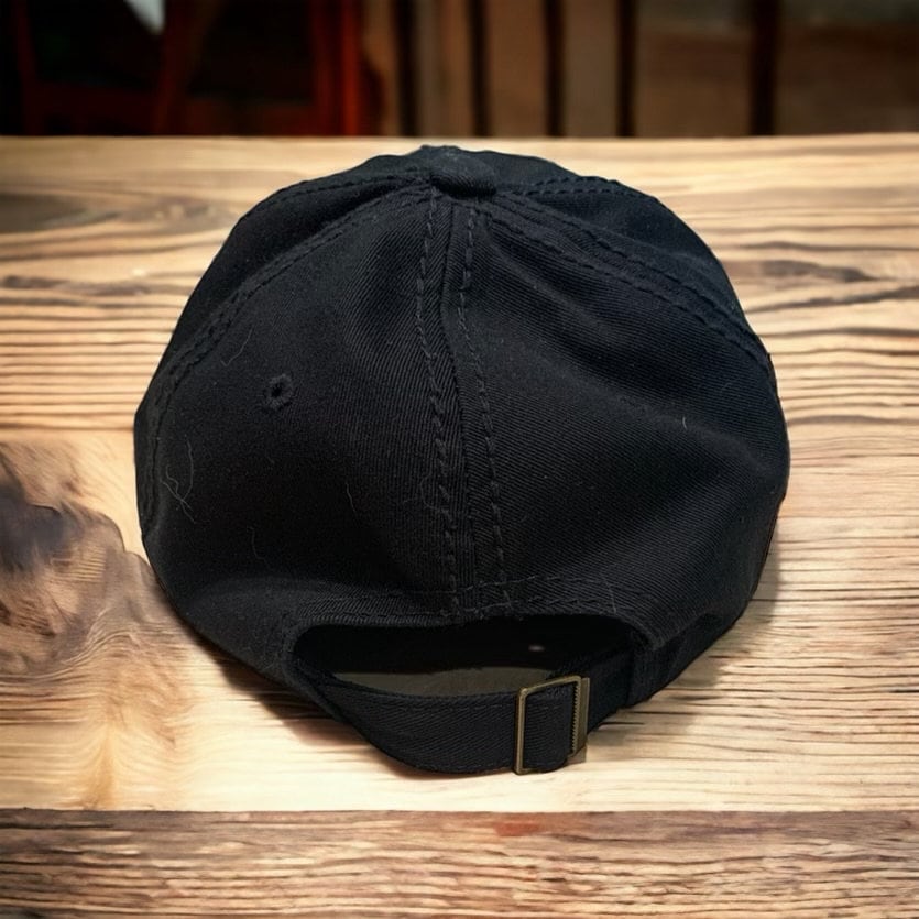 Lucky Dog Guitars distressed low profile Trucker Mesh Ball Cap Hat w/ soft, blackncrown /non-mesh back. Slide buckle