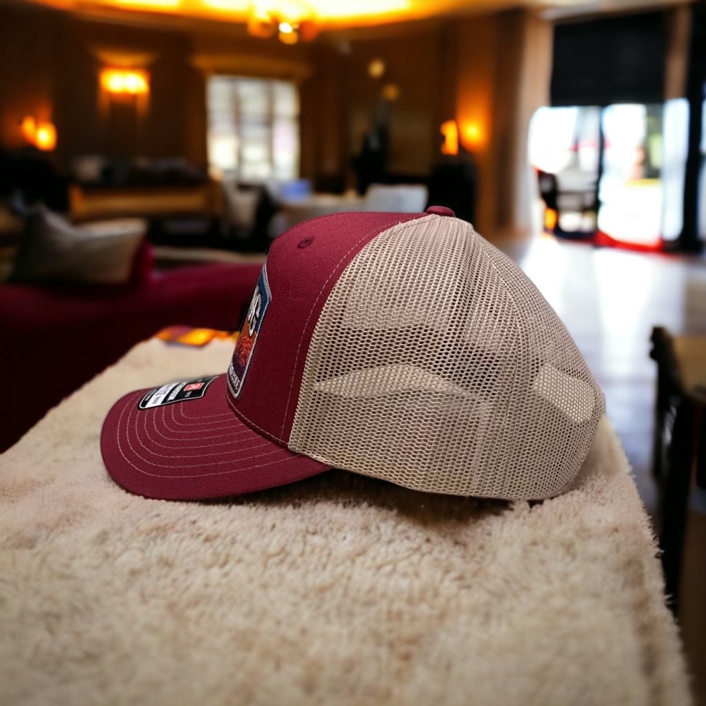 Lucky Dog Guitars Regular burgundy & beige Mesh Trucker Hat with patch. Richardson 112 structured trucker hat.