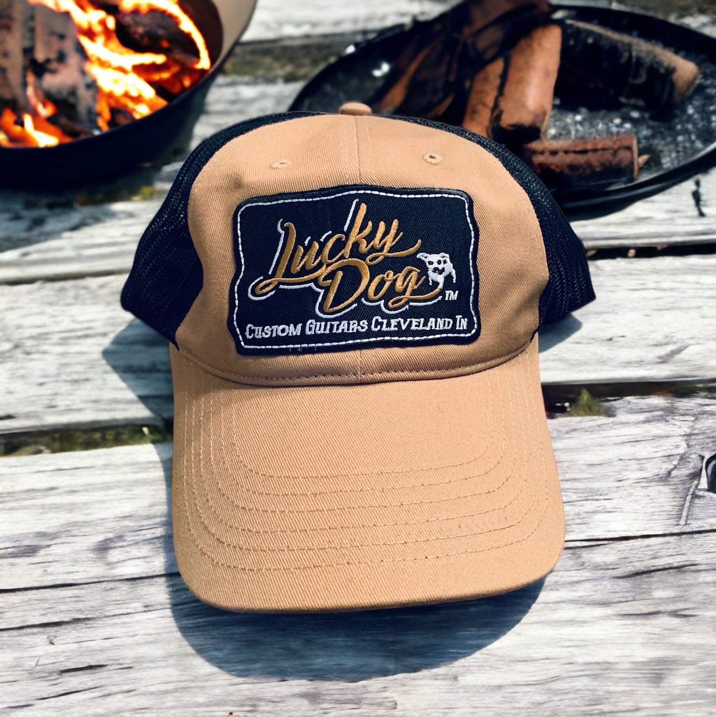 Lucky Dog Guitars Big Size Tan/Black Low-Profile “soft” cotton Trucker mesh SnapBack closure