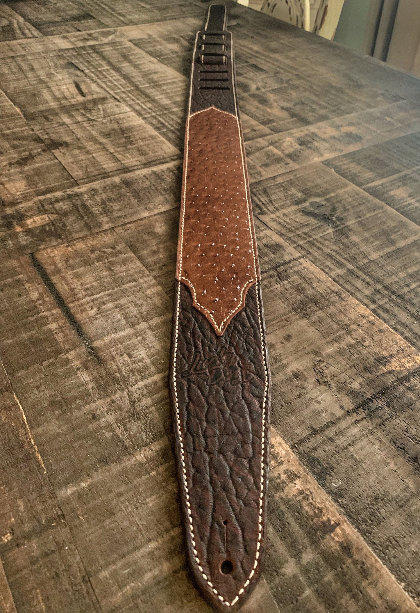 Lucky Dog “Elite 2” dark bison with ostrich embossed leather overlay handmade leather guitar strap - w/ EXTRA WIDE tail strap- made in USA