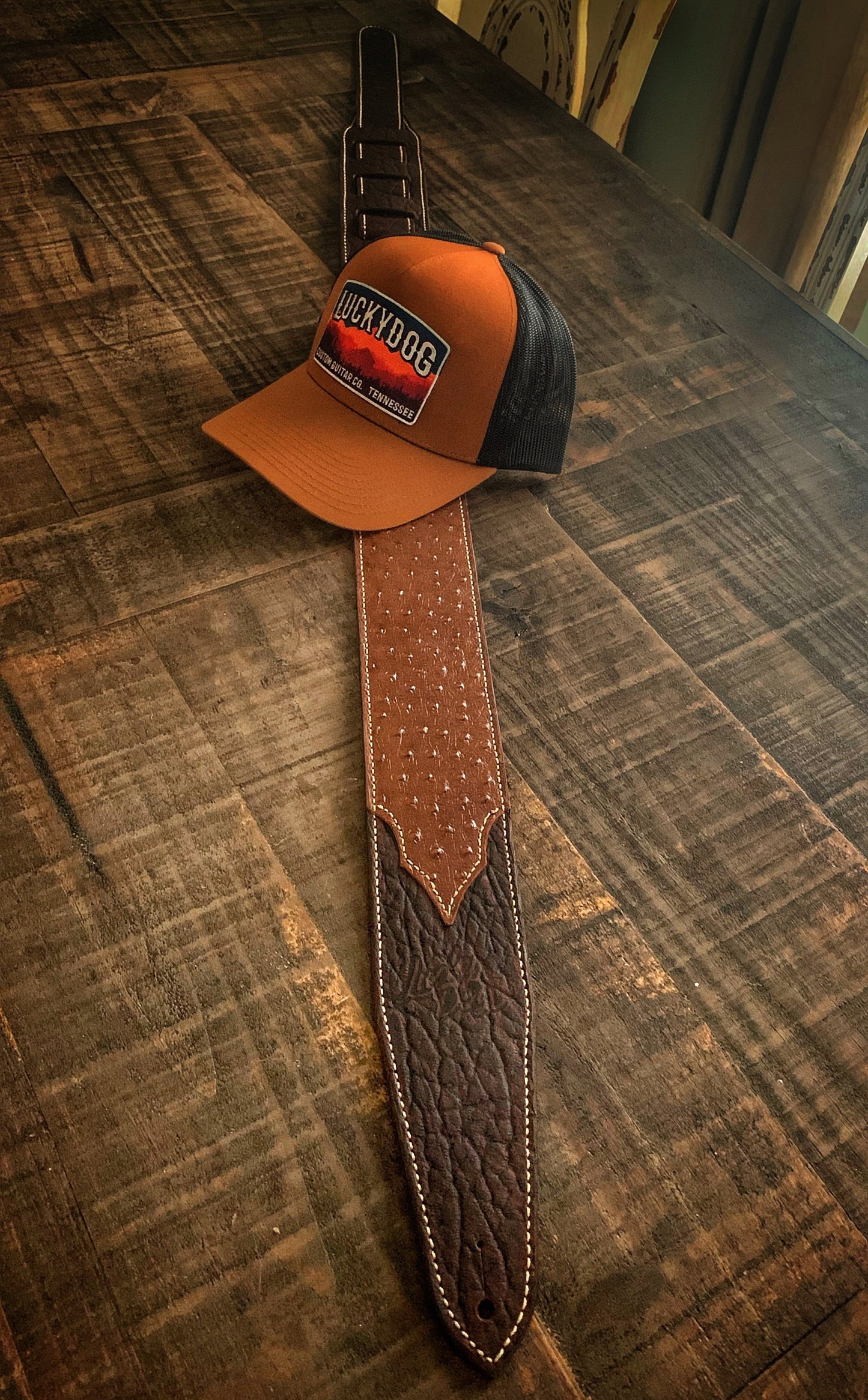 Lucky Dog “Elite 2” dark bison with ostrich embossed leather overlay handmade leather guitar strap - w/ EXTRA WIDE tail strap- made in USA