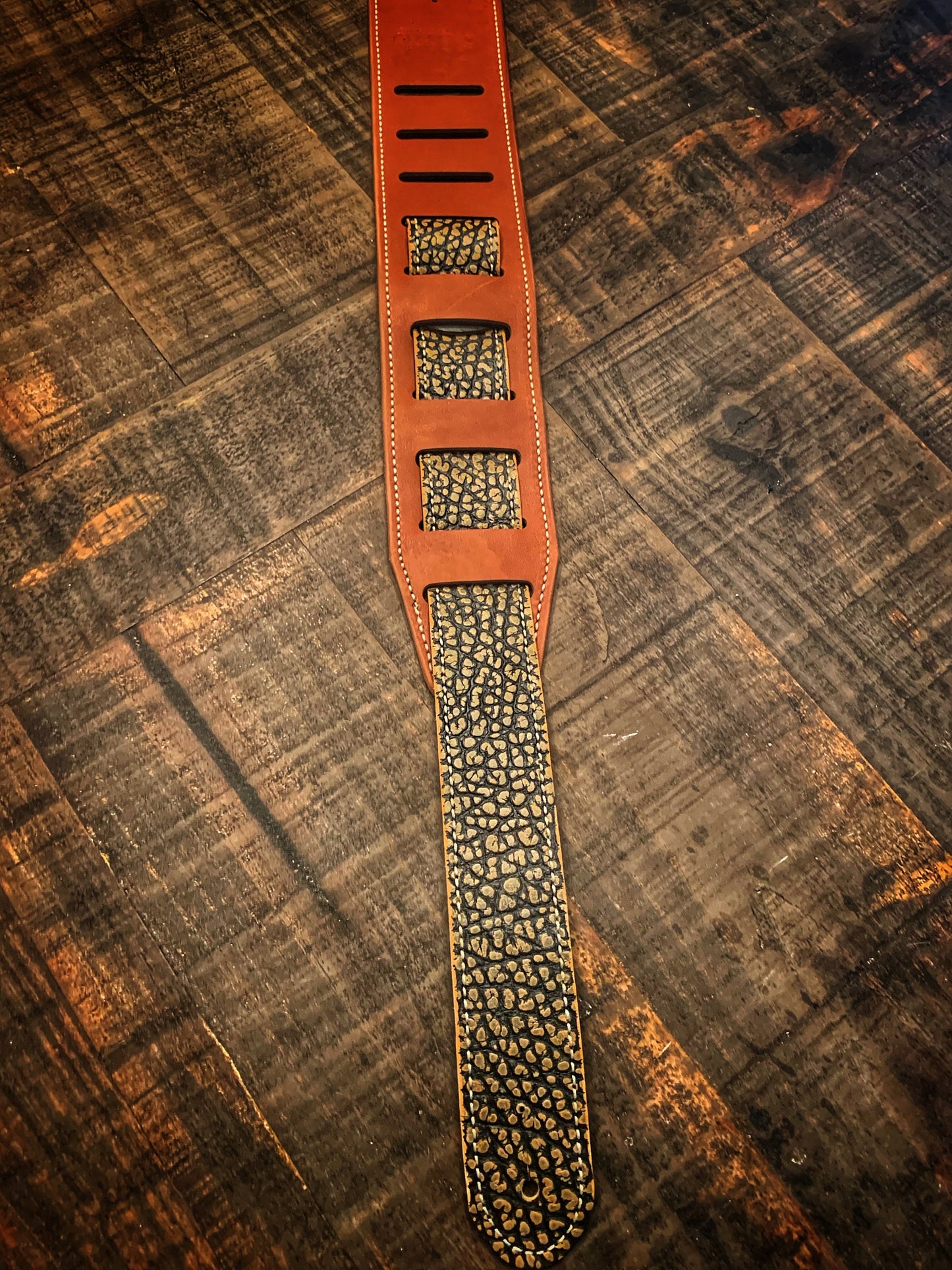 Lucky Dog “Elite 2” Saddle Brown with black/tan bison overlay-handmade leather guitar strap - w/ EXTRA WIDE tail strap- made by hand USA