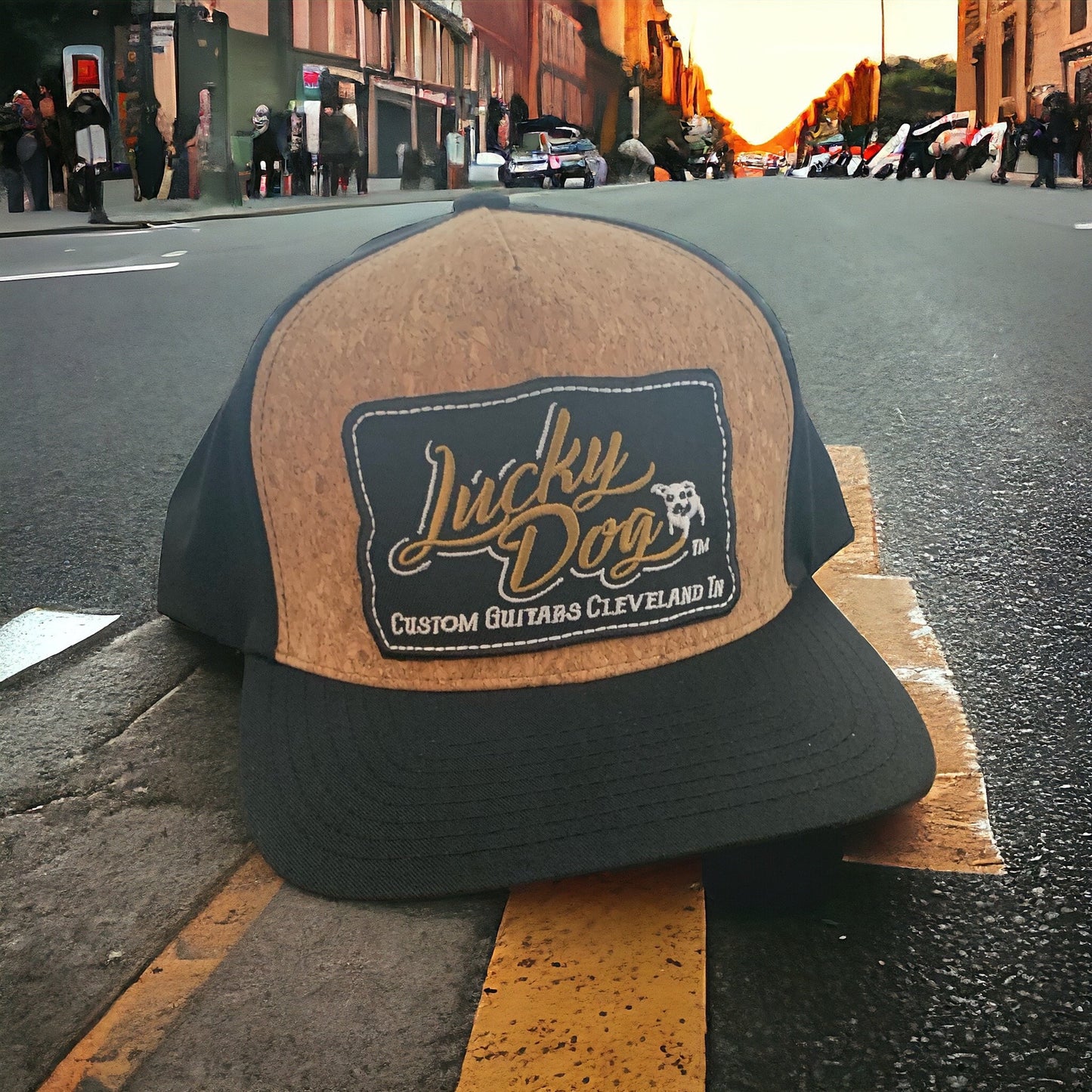 Lucky Dog Guitars High-Crown Brown Cork/black non-mesh Ball Cap Hat - Regular size - USA -