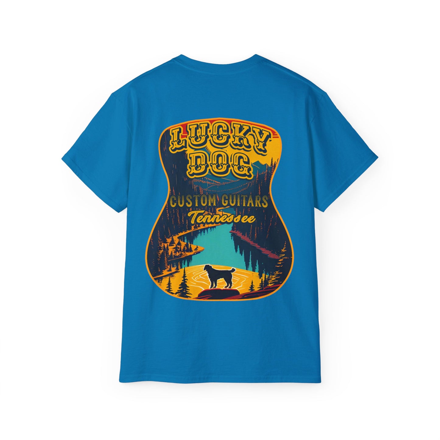 UK BUYERS ONLY- Lucky Dog Guitars T-shirt Tennessee Mountains Custom Band Concert Hiking Nature BigFoot Big Foot Camping Ford Chevy