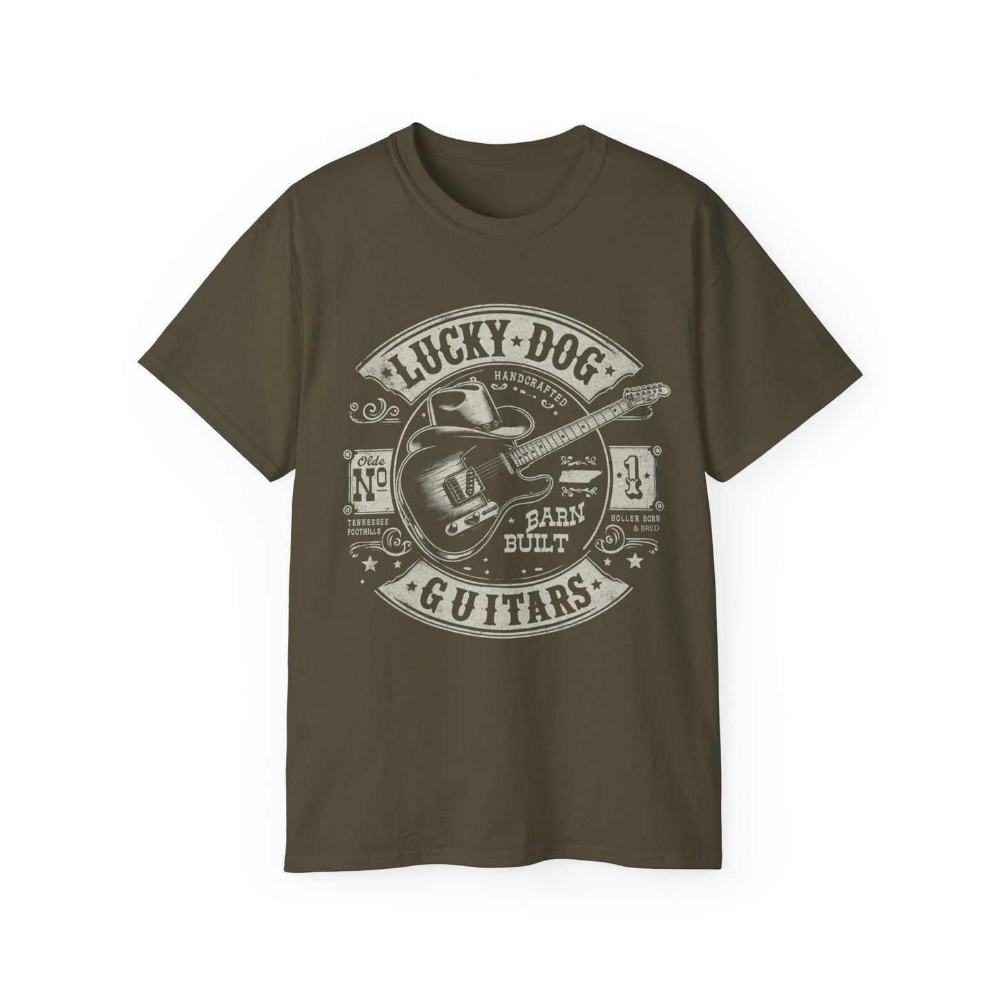 UK Buyers only- Lucky Dog Guitars - Barn Built Country music Tennessee T-shirt Mountain Charger vintage Outlaw Guitars Waylon