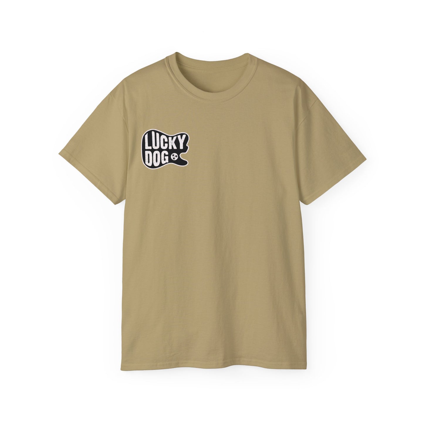 UK BUYERS ONLY- Lucky Dog Guitars T-shirt Tennessee Mountains Custom Band Concert Hiking Nature BigFoot Big Foot Camping Ford Chevy