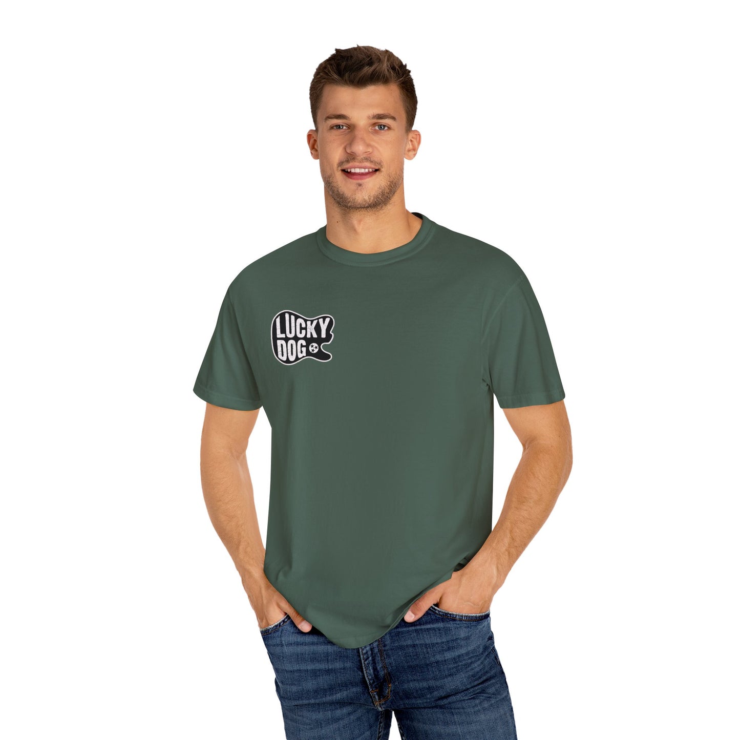 PREMIUM Comfort Colors Lucky Dog Guitars Just'a Twangin T-shirt Tennessee Custom Band Foothills Country Music BigFoot Bluegrass  USA