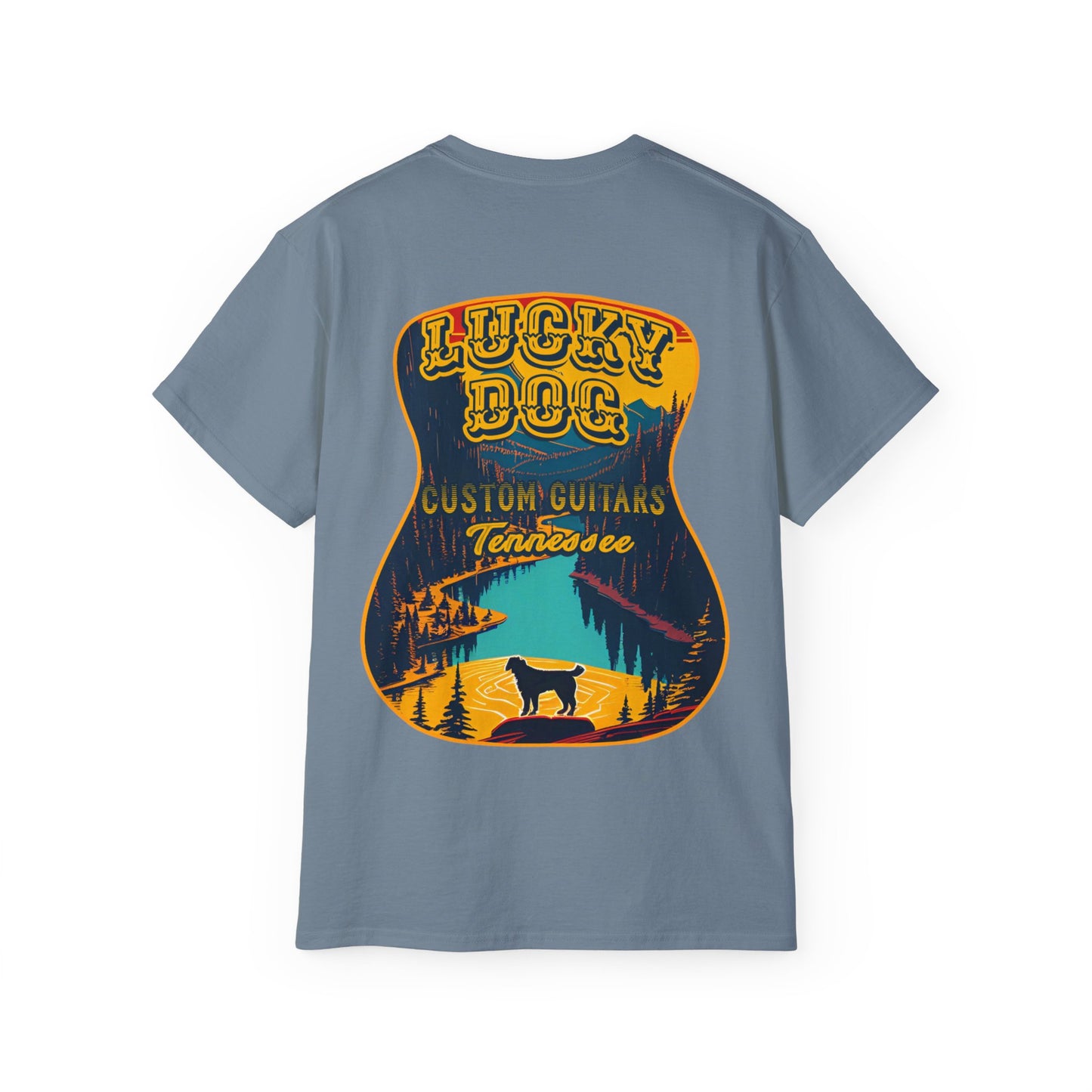 UK BUYERS ONLY- Lucky Dog Guitars T-shirt Tennessee Mountains Custom Band Concert Hiking Nature BigFoot Big Foot Camping Ford Chevy