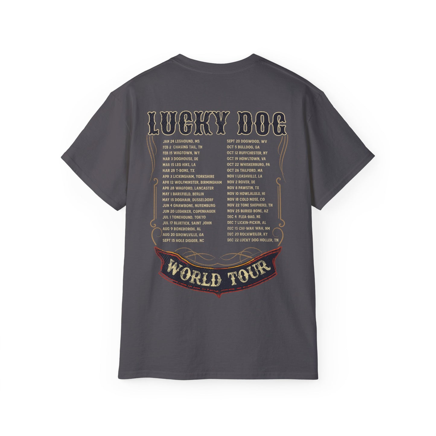 UK Buyers ONLY- Lucky Dog Guitars World Tour 2024 T-shirt Tennessee Custom Band Country Music Nashville Bluegrass Concert 80's