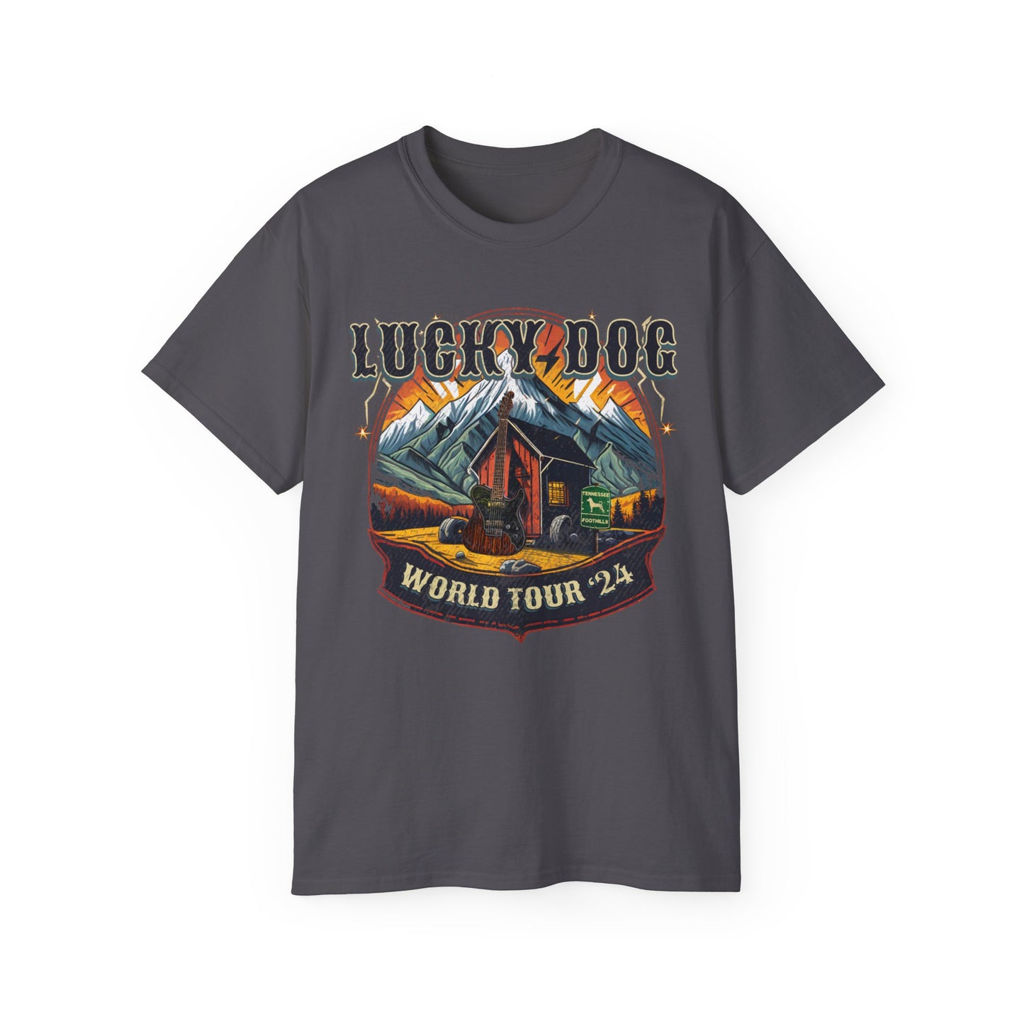 UK Buyers ONLY- Lucky Dog Guitars World Tour 2024 T-shirt Tennessee Custom Band Country Music Nashville Bluegrass Concert 80's