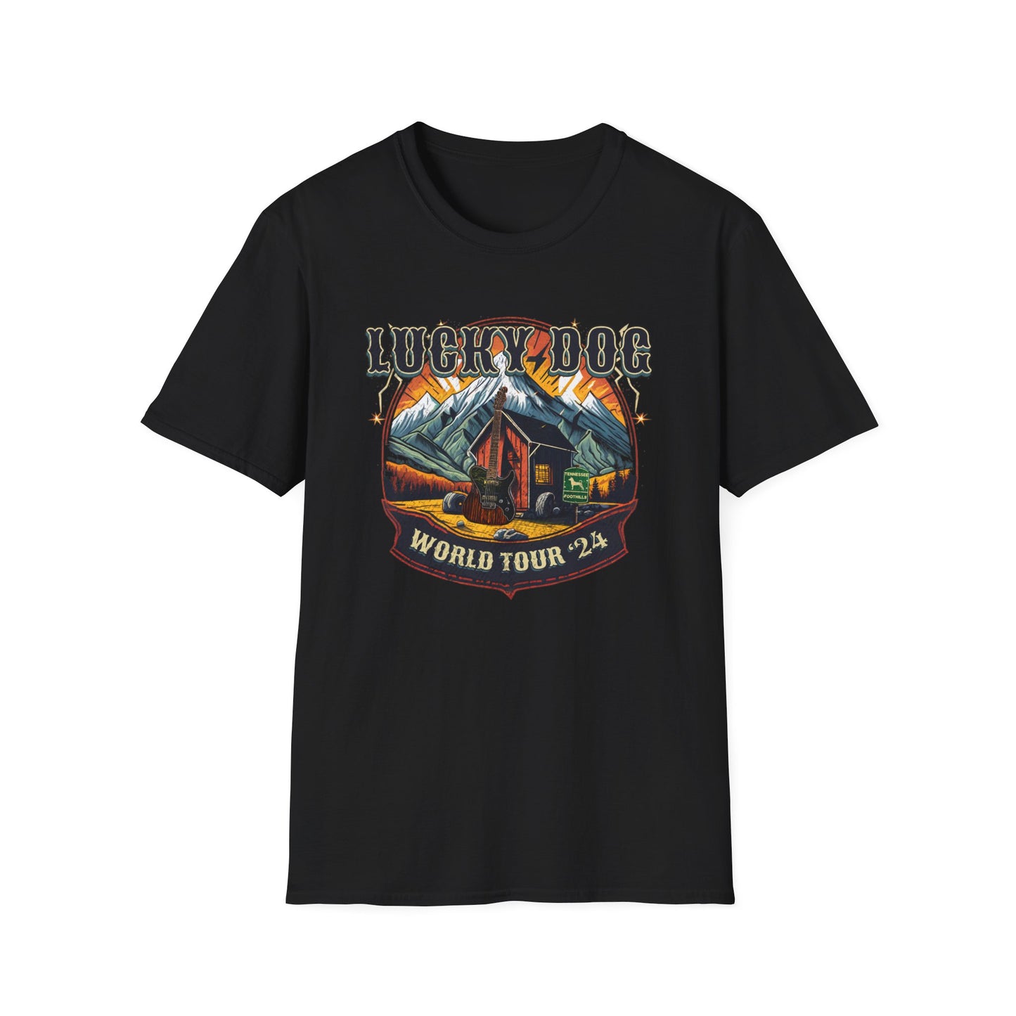 Canada Buyers ONLY- Lucky Dog Guitars World Tour 2024 T-shirt Tennessee Custom Band Country Music Nashville Bluegrass Concert 80's