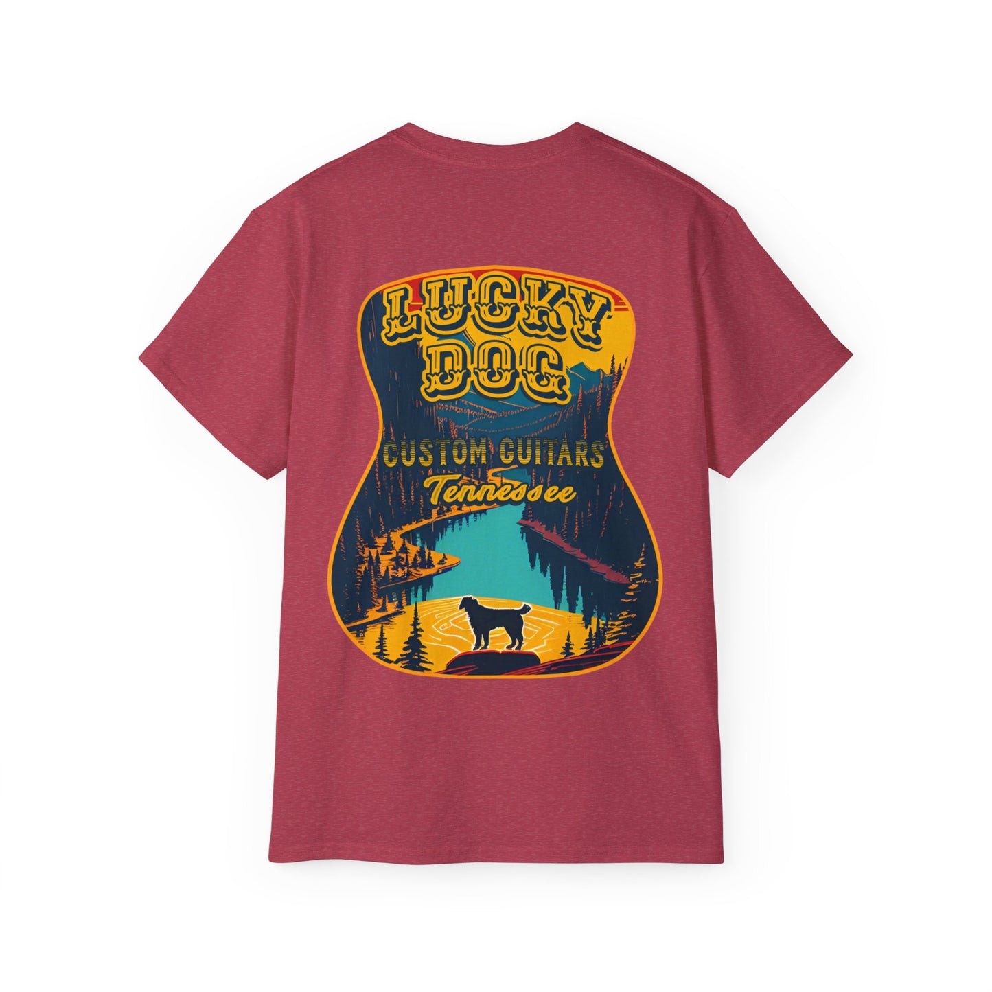 UK BUYERS ONLY- Lucky Dog Guitars T-shirt Tennessee Mountains Custom Band Concert Hiking Nature BigFoot Big Foot Camping Ford Chevy