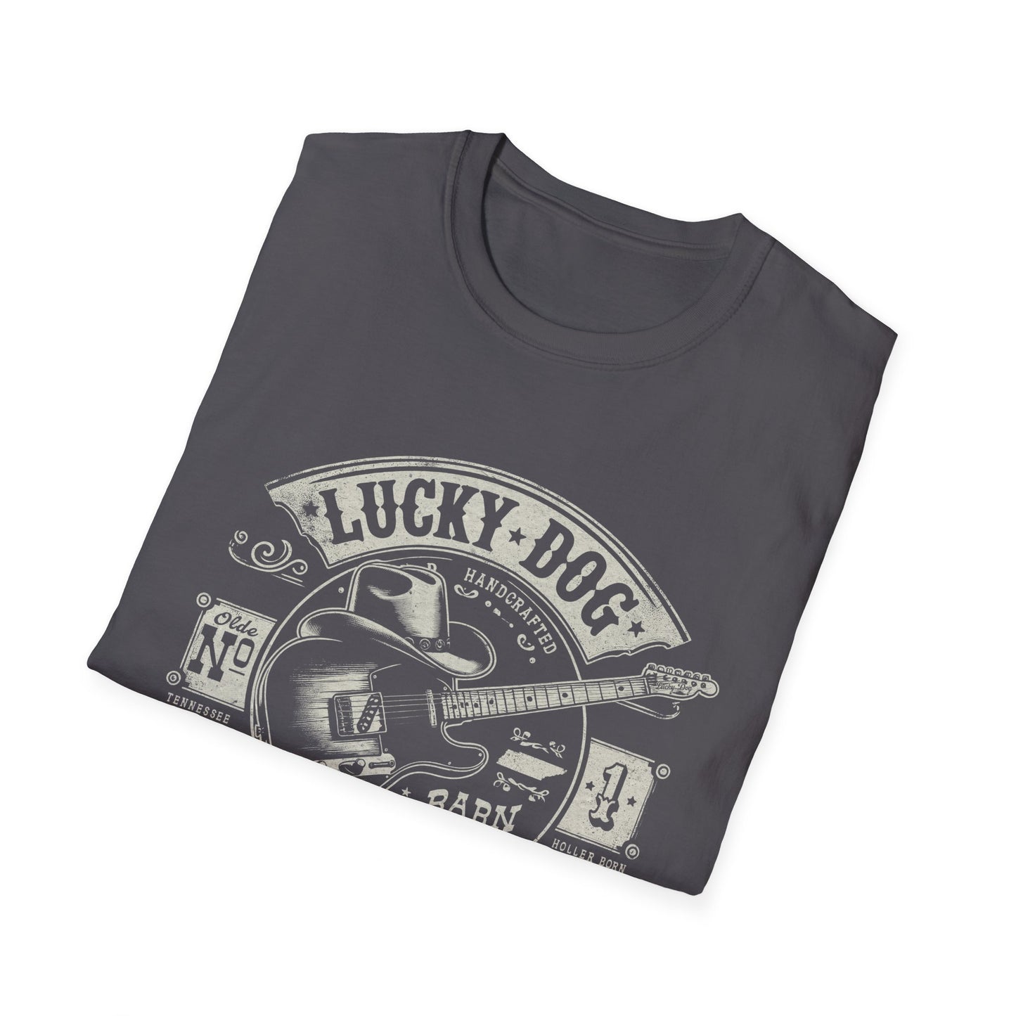 Australia Buyers only- Lucky Dog Guitars - Barn Built Country music Tennessee T-shirt Mountain Charger vintage Outlaw Guitars Waylon