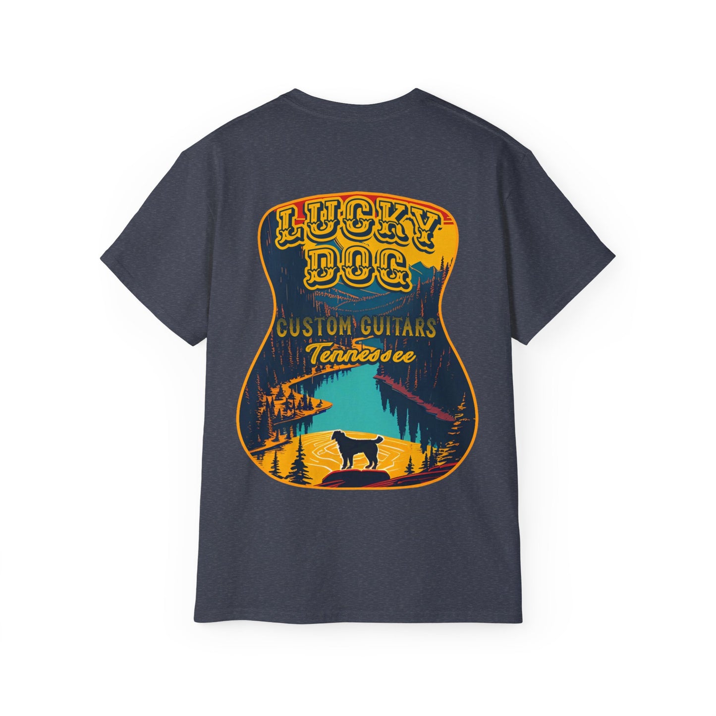 UK BUYERS ONLY- Lucky Dog Guitars T-shirt Tennessee Mountains Custom Band Concert Hiking Nature BigFoot Big Foot Camping Ford Chevy