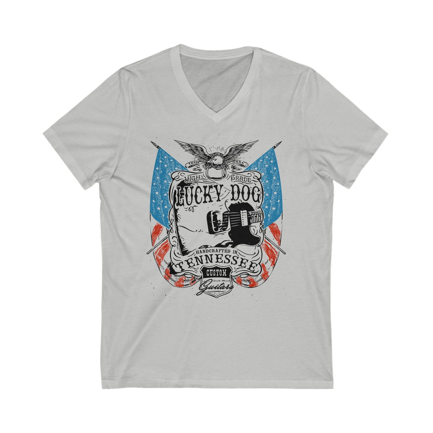 Lucky Dog Short Sleeve V-Neck Tee Custom Guitars Tennessee American Eagle Flag USA Patriotic Stars Stripes Guitar USA