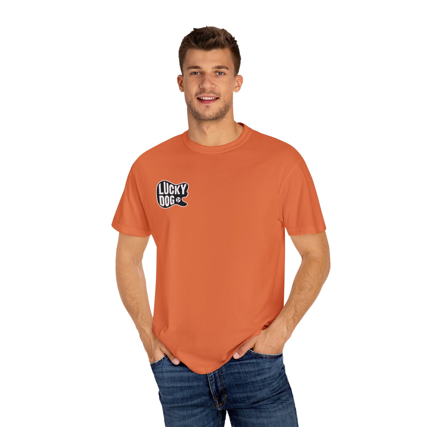 PREMIUM Comfort Colors Lucky DogTennessee Orange Guitar T-shirt - Just Say No To Boring Guitars - Bo Big UTK Guitar Company new 2023 USA