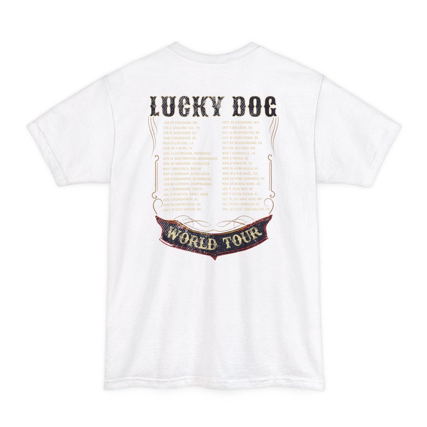 BIG & TALL Lucky Dog World Tour 2024 T-Shirt - Front and Back print 80's Rock Concert Dates Vintage Retro style  USA