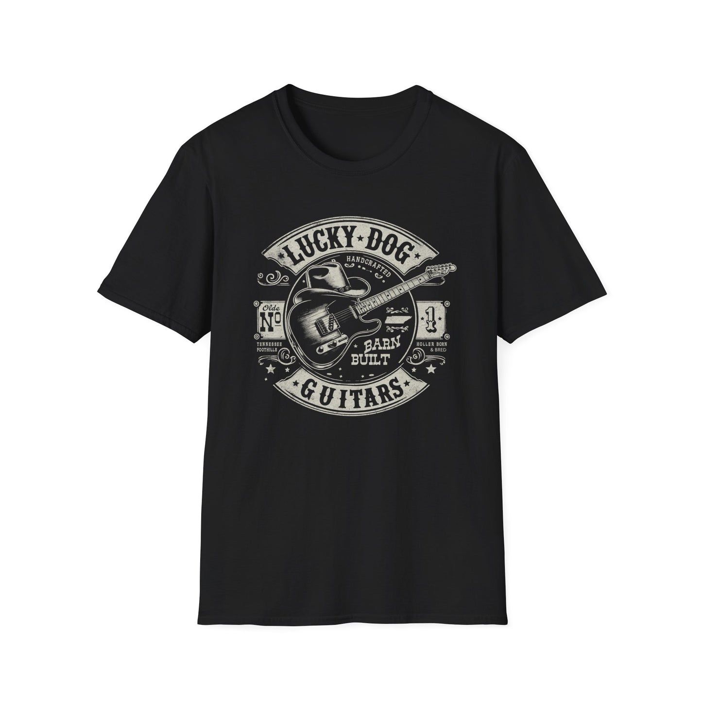 Canada Buyers only- Lucky Dog Guitars - Barn Built Country music Tennessee T-shirt Mountain Charger vintage Outlaw Guitars Waylon