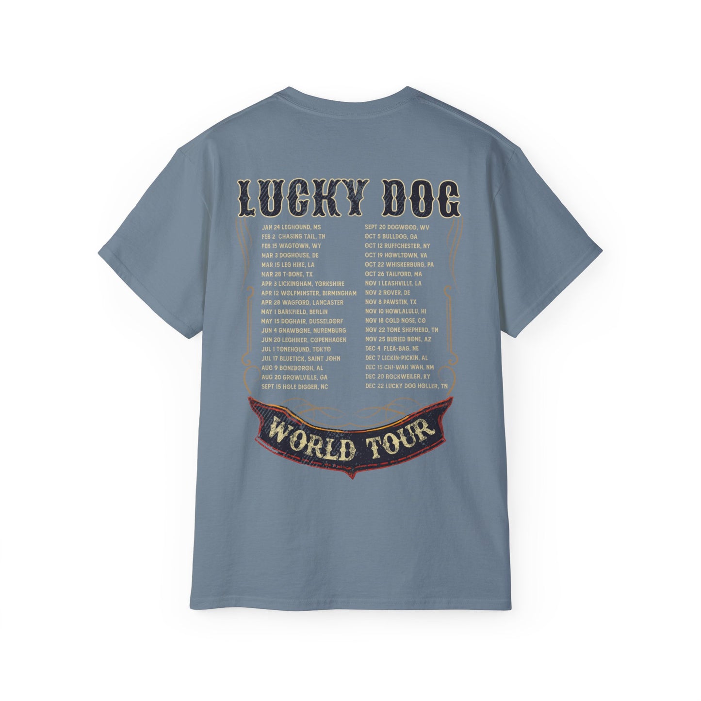 UK Buyers ONLY- Lucky Dog Guitars World Tour 2024 T-shirt Tennessee Custom Band Country Music Nashville Bluegrass Concert 80's