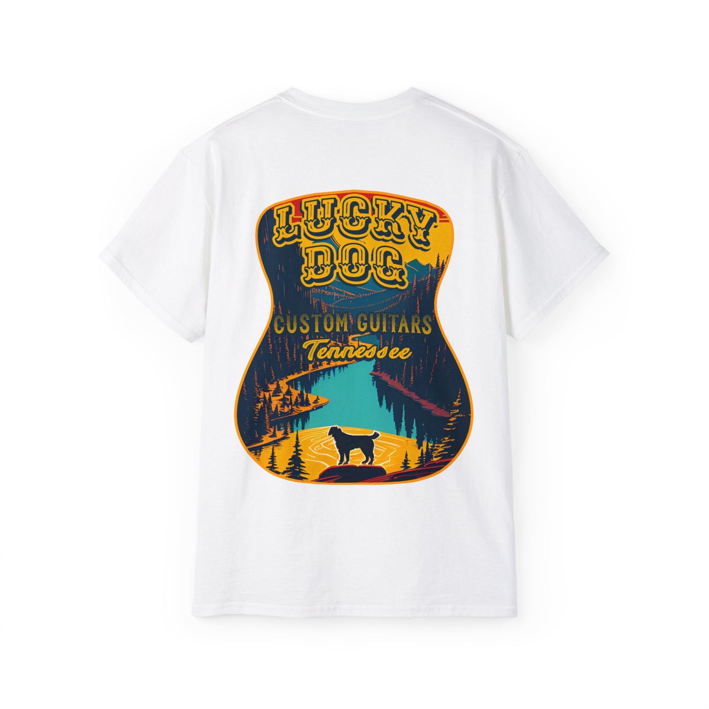 UK BUYERS ONLY- Lucky Dog Guitars T-shirt Tennessee Mountains Custom Band Concert Hiking Nature BigFoot Big Foot Camping Ford Chevy