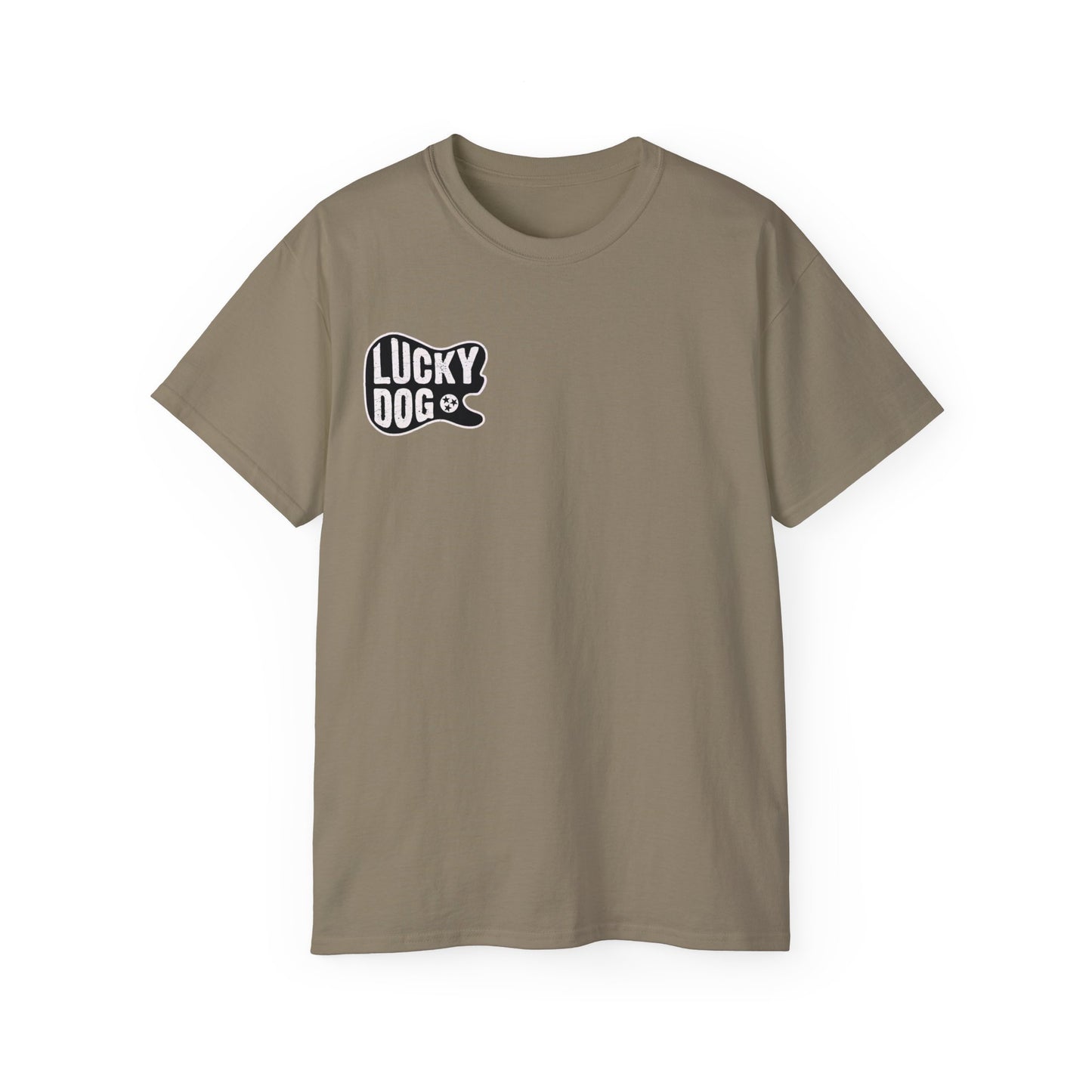 UK BUYERS ONLY- Lucky Dog Guitars T-shirt Tennessee Mountains Custom Band Concert Hiking Nature BigFoot Big Foot Camping Ford Chevy