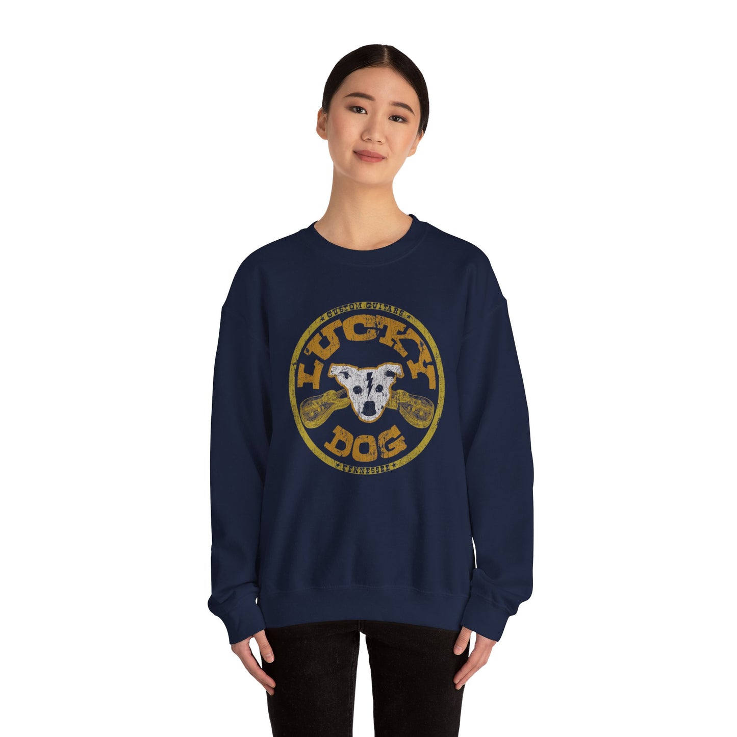 UK Buyers ONLY- Lucky Dog Guitars Dog-Head Logo Sweatshirt - Heavy blend crewneck.  Tennessee America Guitar Company Country Music USA