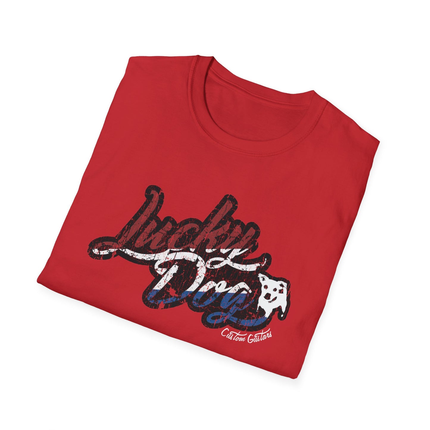 Canada buyers only- Retro Lucky Dog Guitars Red White Blue T-shirt 'Merica Logo Style OG Vintage America Patriotic Nashville Guitar Reissue