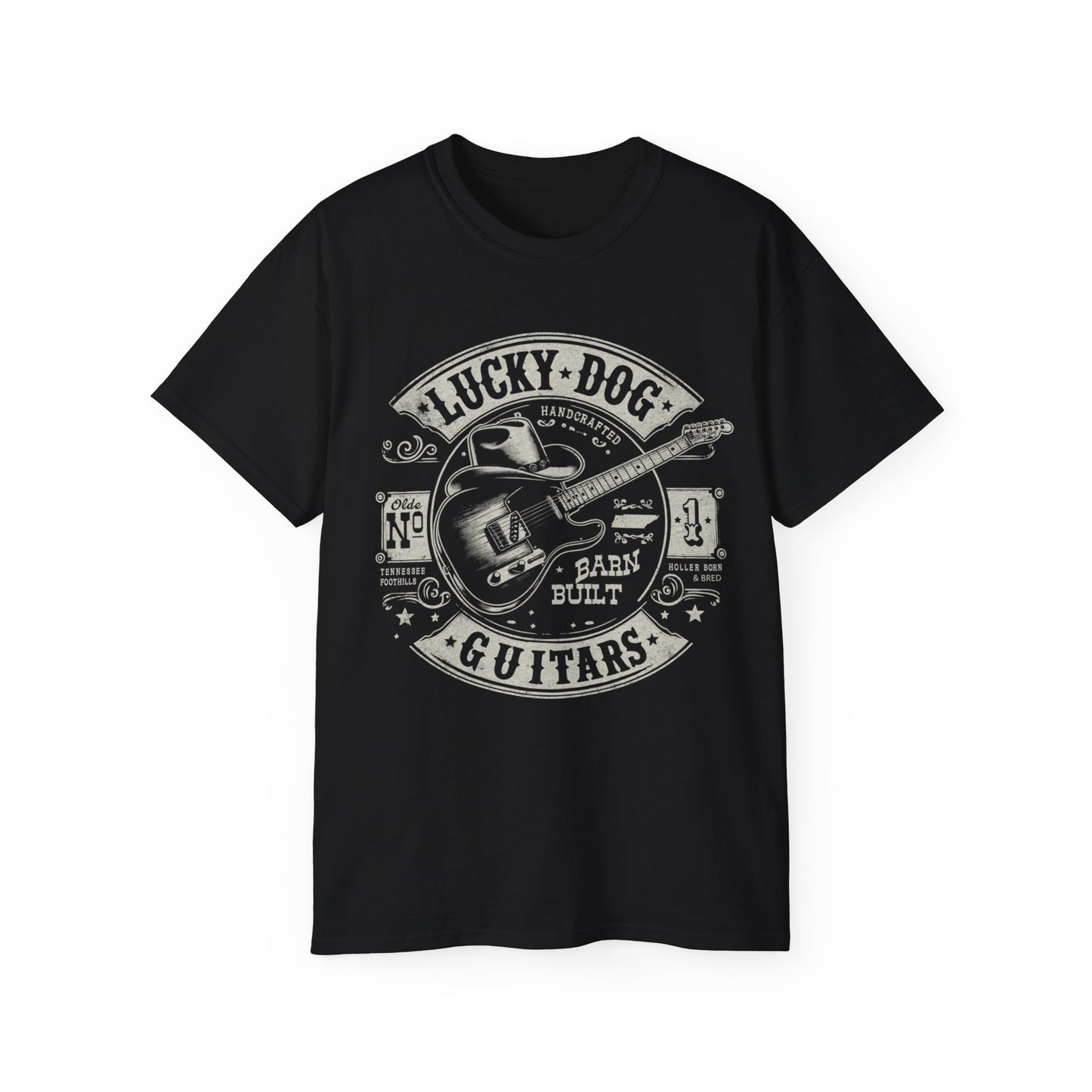 UK Buyers only- Lucky Dog Guitars - Barn Built Country music Tennessee T-shirt Mountain Charger vintage Outlaw Guitars Waylon