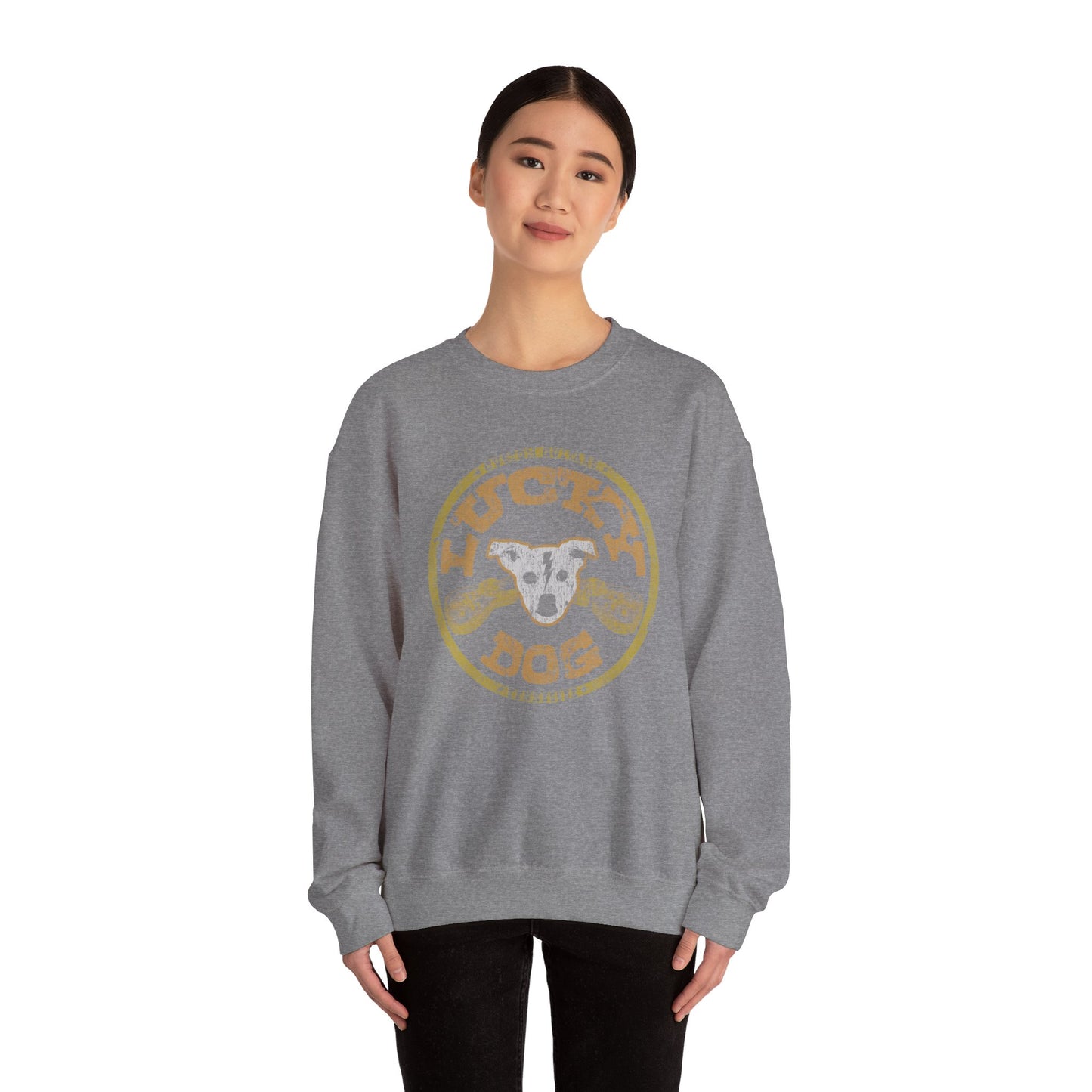 UK Buyers ONLY- Lucky Dog Guitars Dog-Head Logo Sweatshirt - Heavy blend crewneck.  Tennessee America Guitar Company Country Music USA