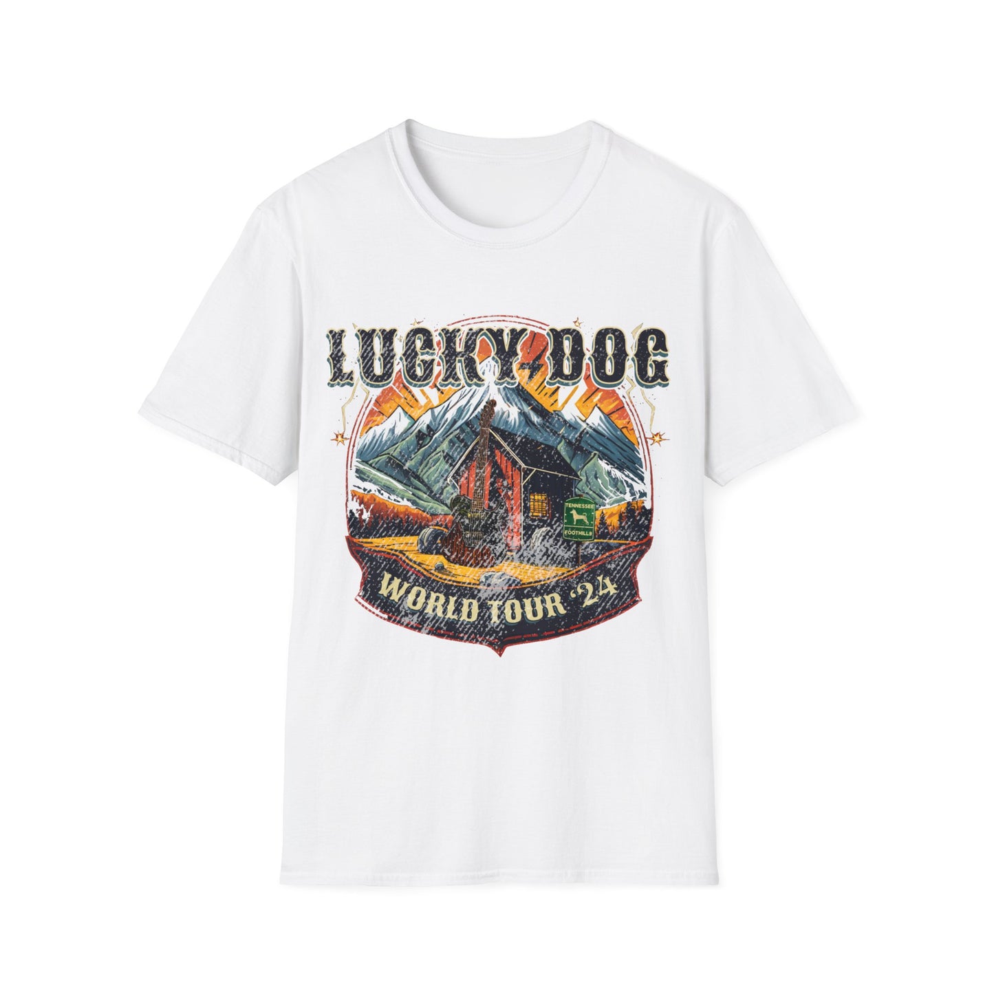 Australia Buyers ONLY- Lucky Dog Guitars World Tour 2024 T-shirt Tennessee Custom Band Country Music Nashville Bluegrass Concert 80's