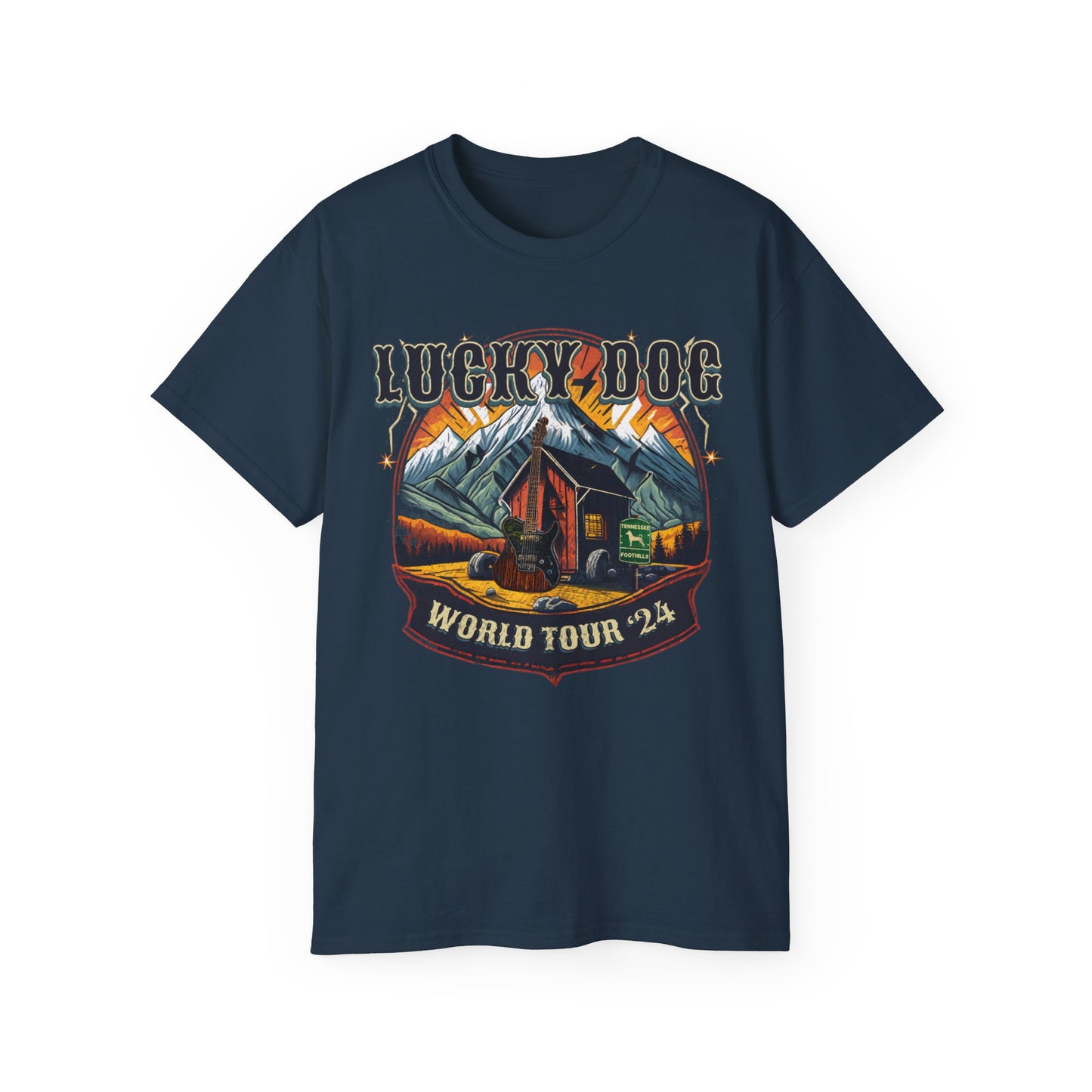 UK Buyers ONLY- Lucky Dog Guitars World Tour 2024 T-shirt Tennessee Custom Band Country Music Nashville Bluegrass Concert 80's