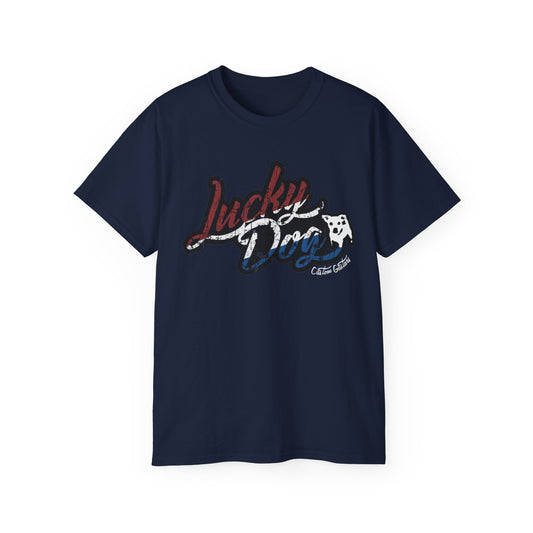 UK buyers only- Retro Lucky Dog Guitars Red White Blue T-shirt 'Merica Logo Style OG Vintage America Patriotic Nashville Guitar Reissue