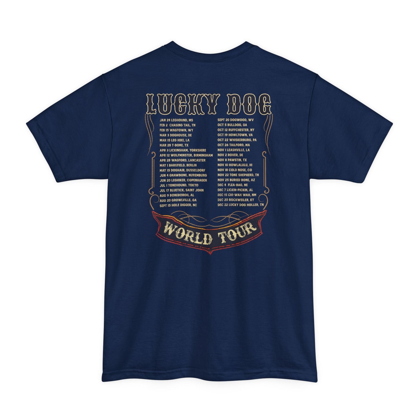 BIG & TALL Lucky Dog World Tour 2024 T-Shirt - Front and Back print 80's Rock Concert Dates Vintage Retro style  USA