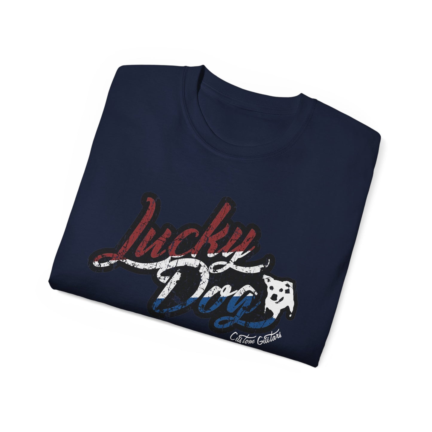 UK buyers only- Retro Lucky Dog Guitars Red White Blue T-shirt 'Merica Logo Style OG Vintage America Patriotic Nashville Guitar Reissue