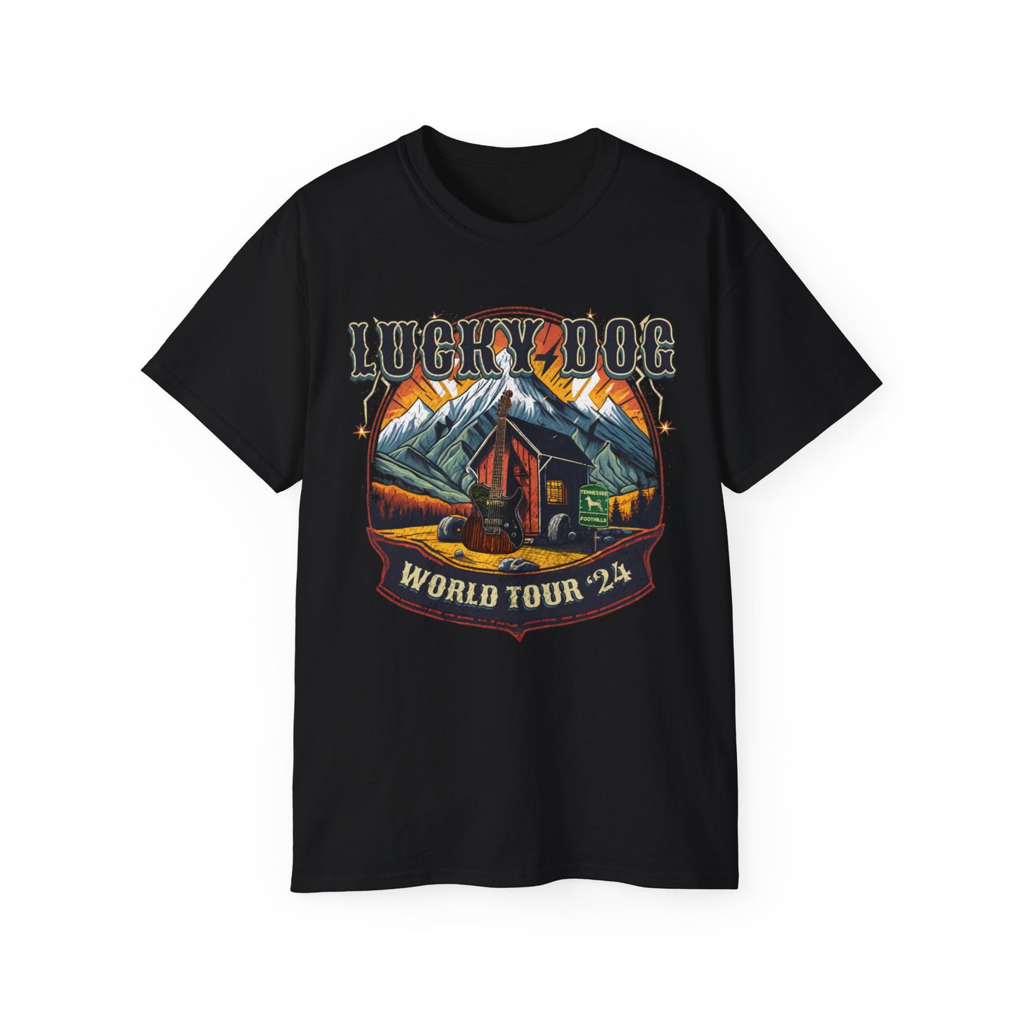 UK Buyers ONLY- Lucky Dog Guitars World Tour 2024 T-shirt Tennessee Custom Band Country Music Nashville Bluegrass Concert 80's