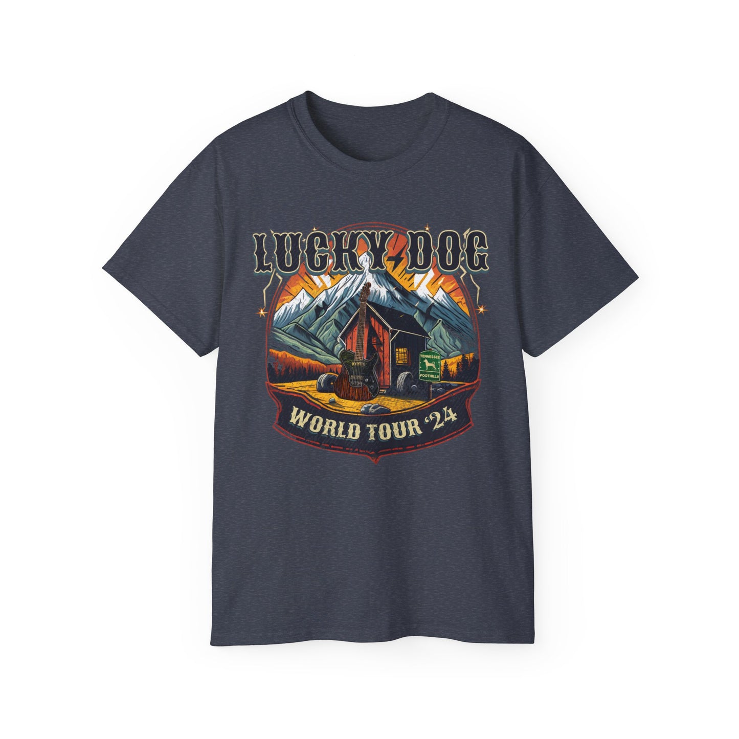 UK Buyers ONLY- Lucky Dog Guitars World Tour 2024 T-shirt Tennessee Custom Band Country Music Nashville Bluegrass Concert 80's