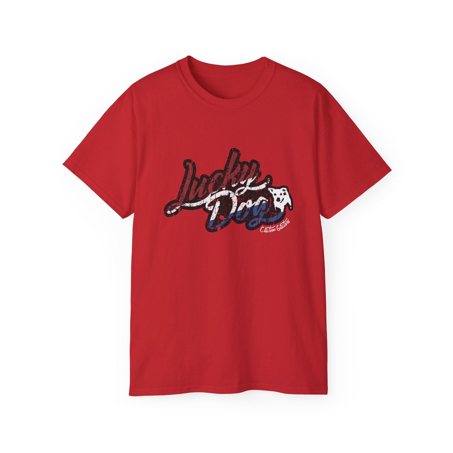 Retro Lucky Dog Guitars Red White Blue T-shirt 'Merica Logo Style OG Vintage America Patriotic Nashville Guitar Reissue USA