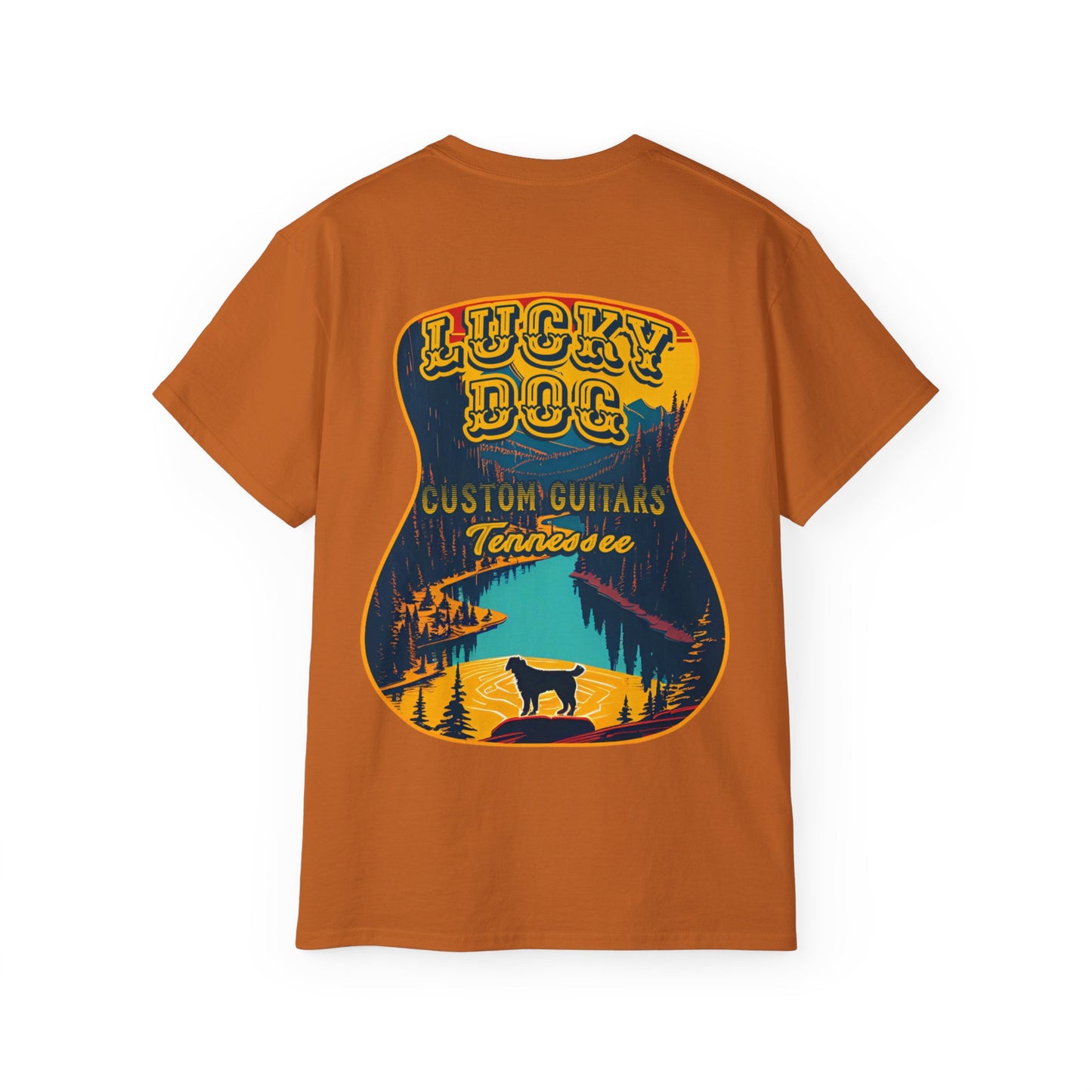 UK BUYERS ONLY- Lucky Dog Guitars T-shirt Tennessee Mountains Custom Band Concert Hiking Nature BigFoot Big Foot Camping Ford Chevy