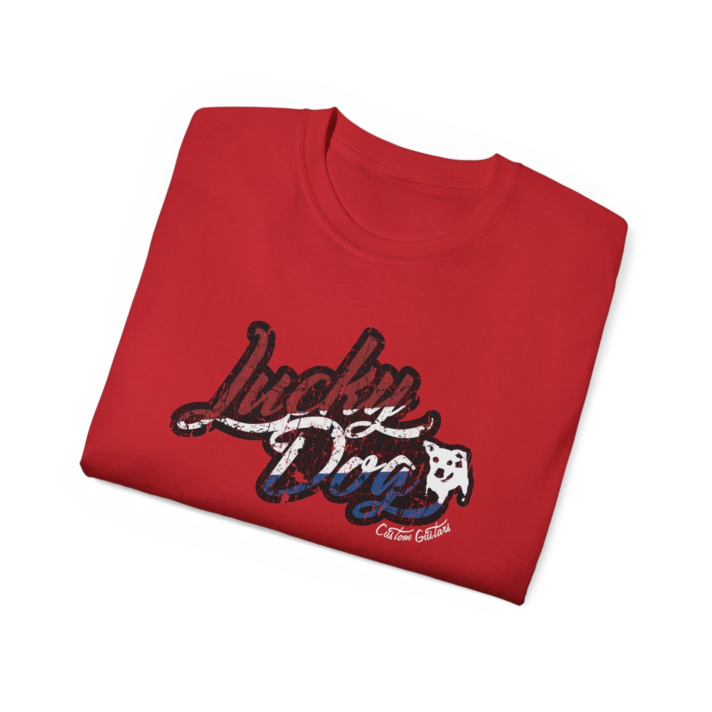 Retro Lucky Dog Guitars Red White Blue T-shirt 'Merica Logo Style OG Vintage America Patriotic Nashville Guitar Reissue USA