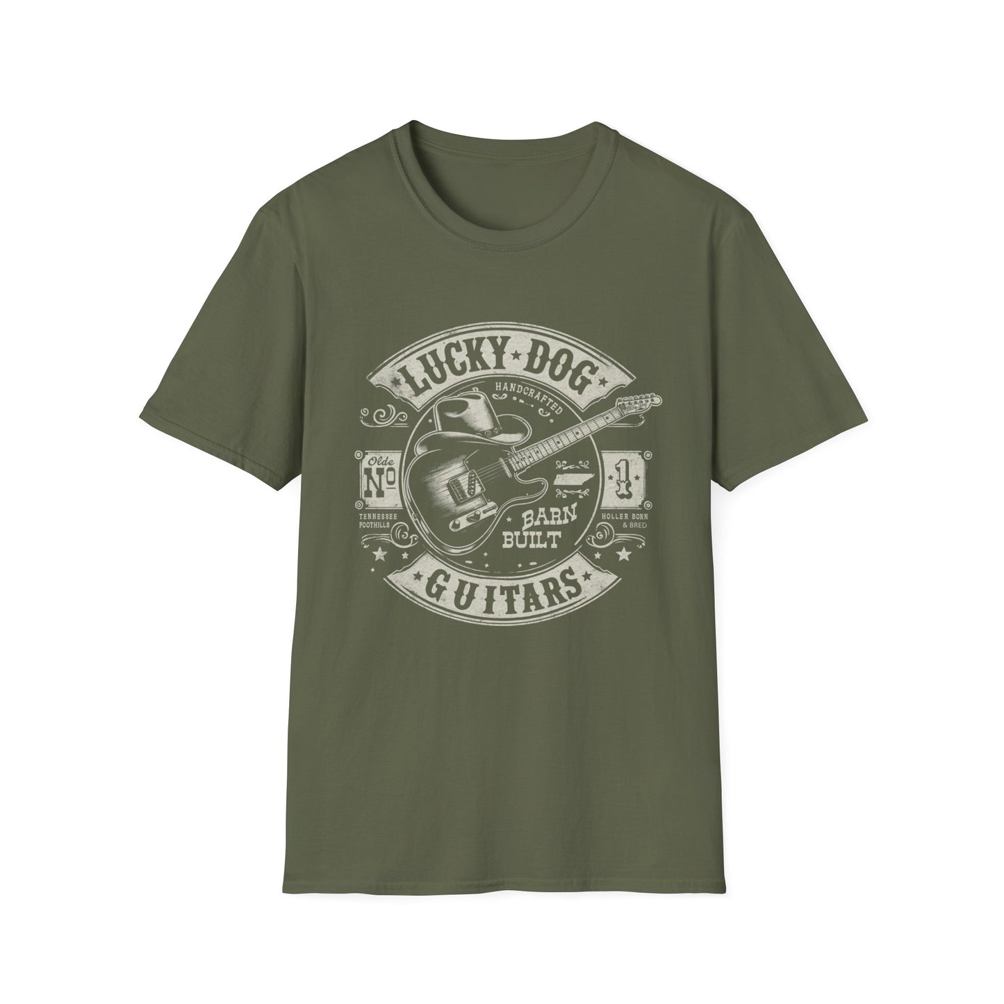 Australia Buyers only- Lucky Dog Guitars - Barn Built Country music Tennessee T-shirt Mountain Charger vintage Outlaw Guitars Waylon