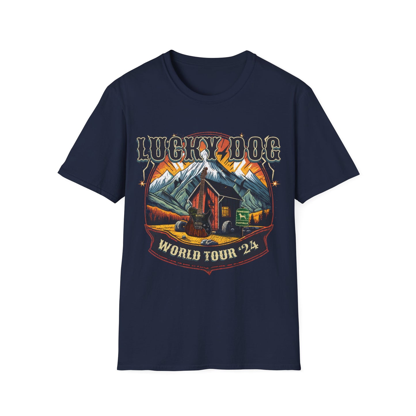 Australia Buyers ONLY- Lucky Dog Guitars World Tour 2024 T-shirt Tennessee Custom Band Country Music Nashville Bluegrass Concert 80's